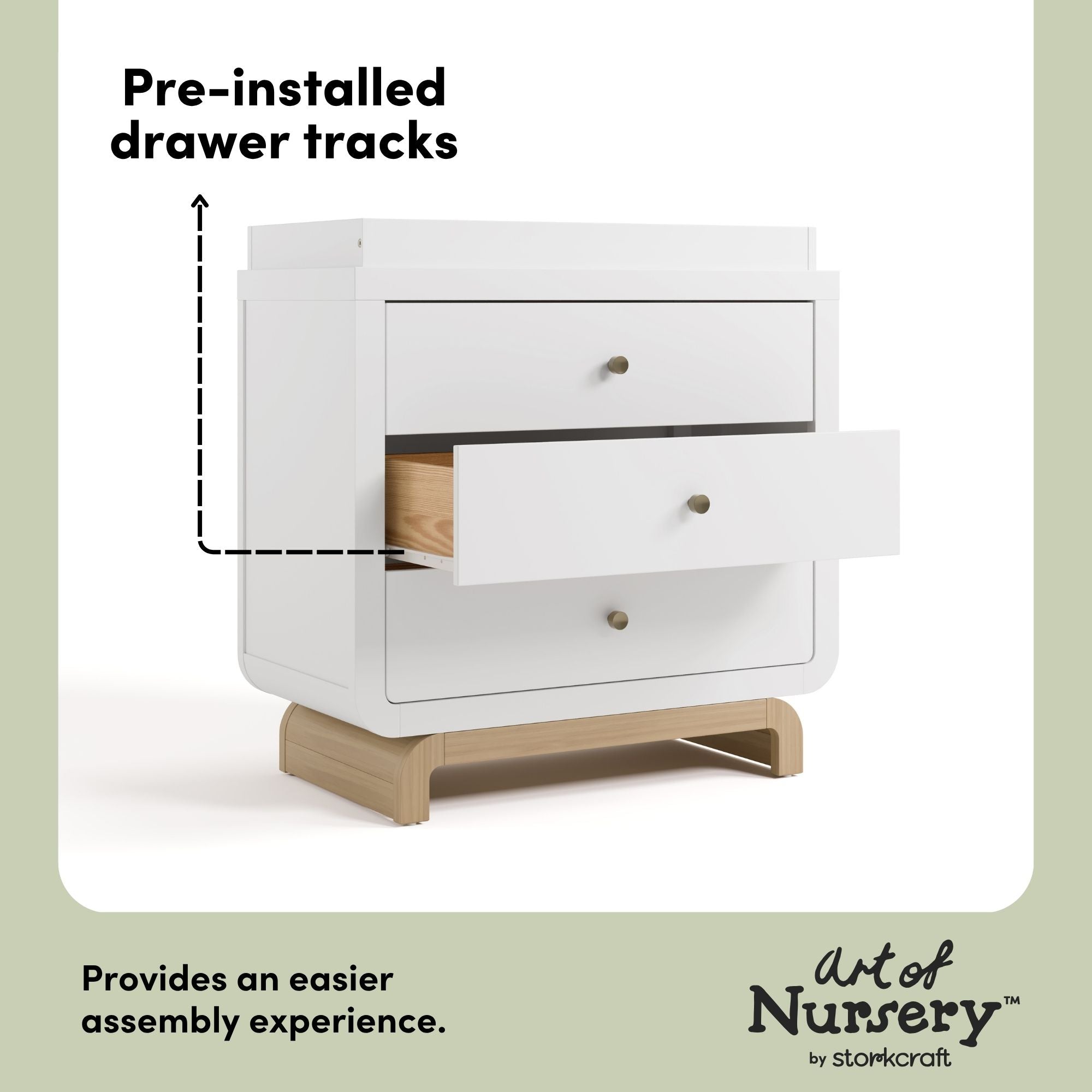 Santorini white with driftwood 3 drawer chest with changing topper pre-installed drawer tracks callout