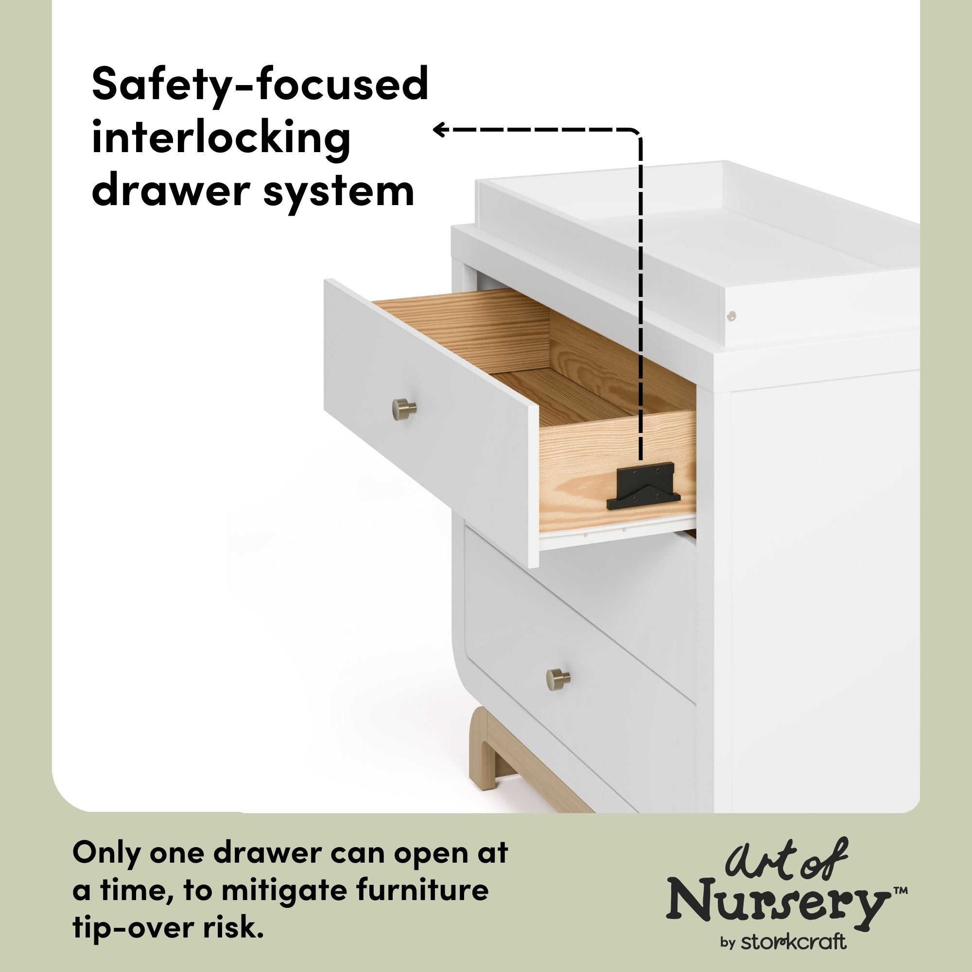 Santorini white with driftwood 3 drawer chest with changing topper interlocking drawer system callout