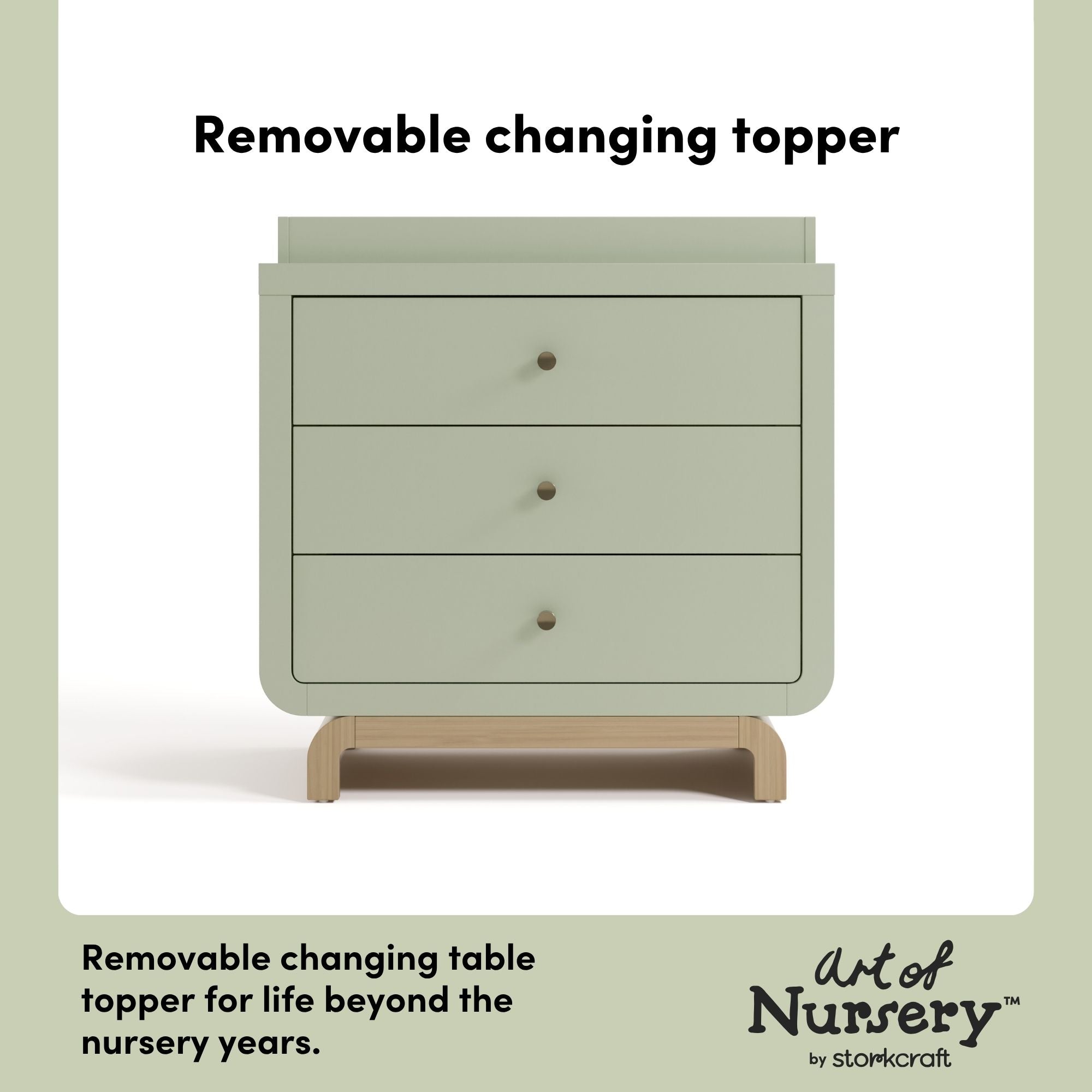 Santorini sage with driftwood 3 drawer chest with changing topper removable changing topper callout