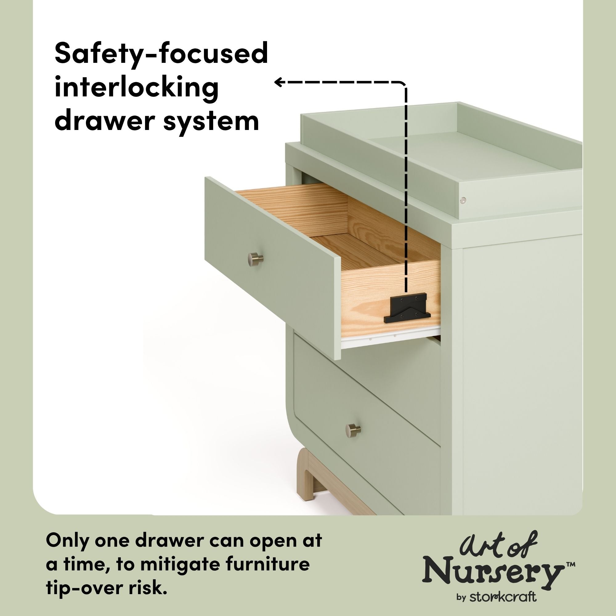 Santorini sage with driftwood 3 drawer chest with changing topper interlocking drawer system callout