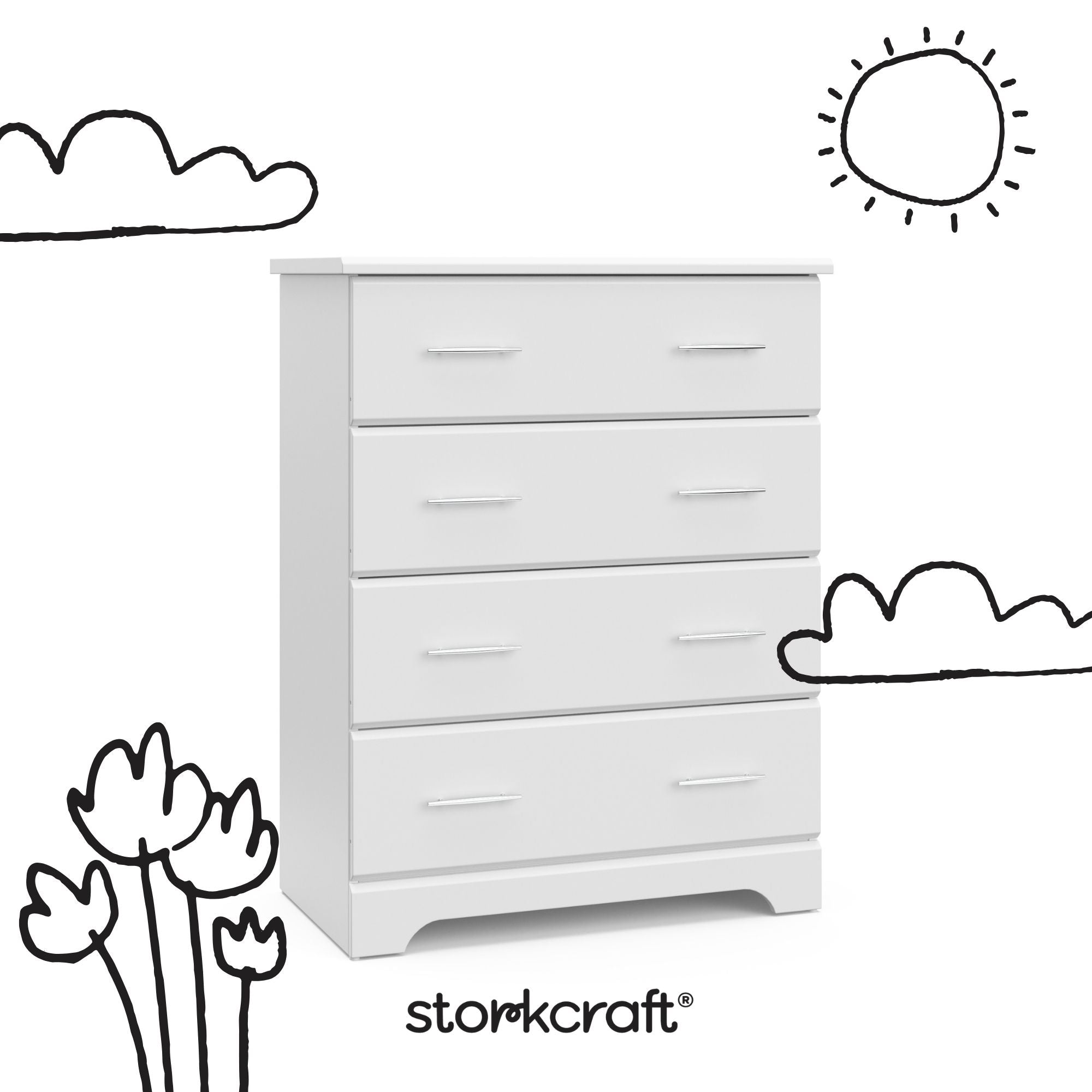 Brookside white 4 drawer dresser with black doodles overlaid on image