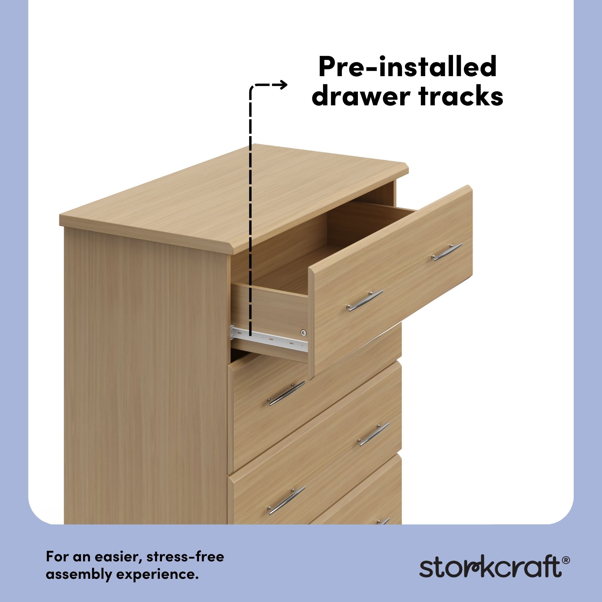 Brookside driftwood 4 drawer dresser pre-installed drawer tracks callout
