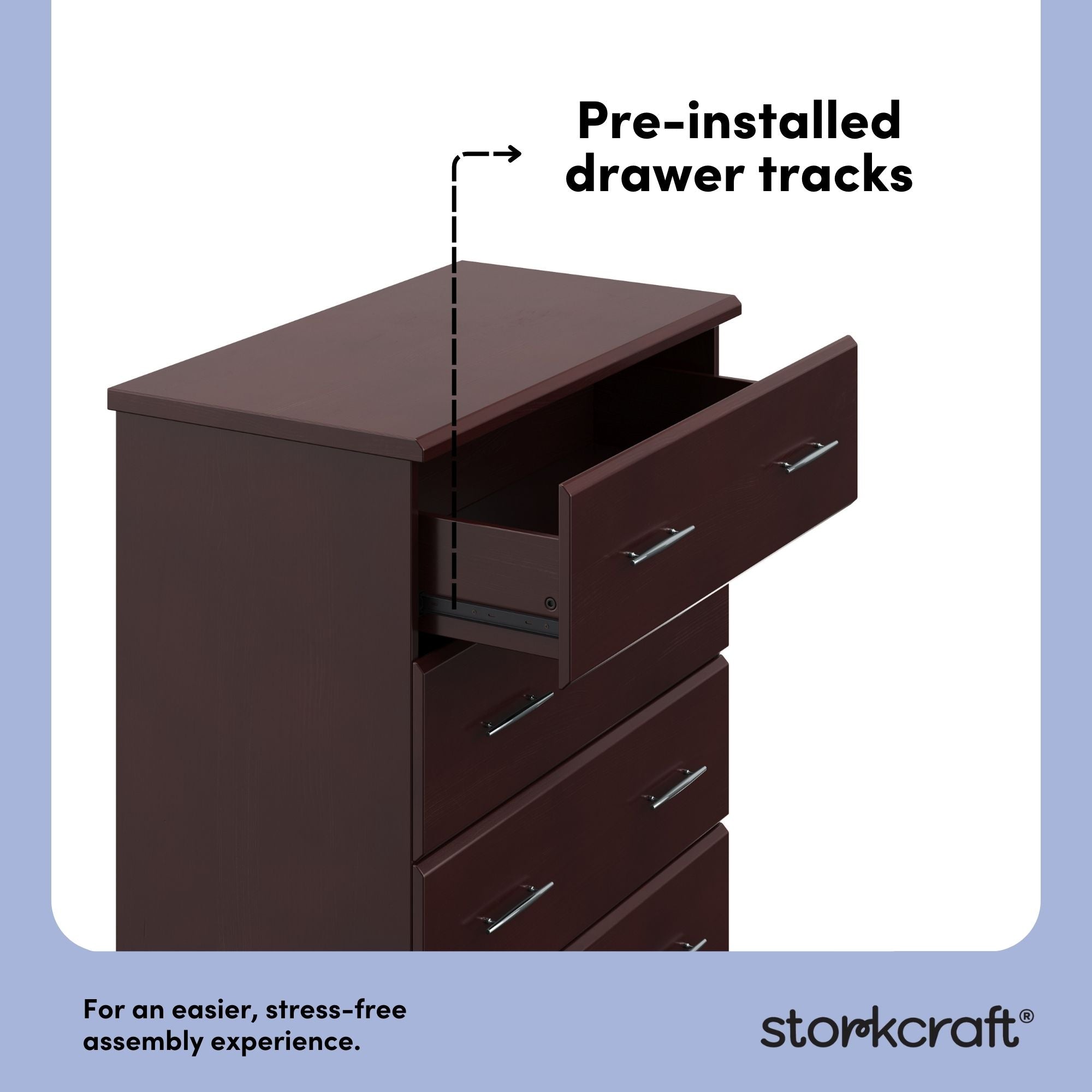 Brookside espresso 4 drawer dresser pre-installed drawer tracks callout