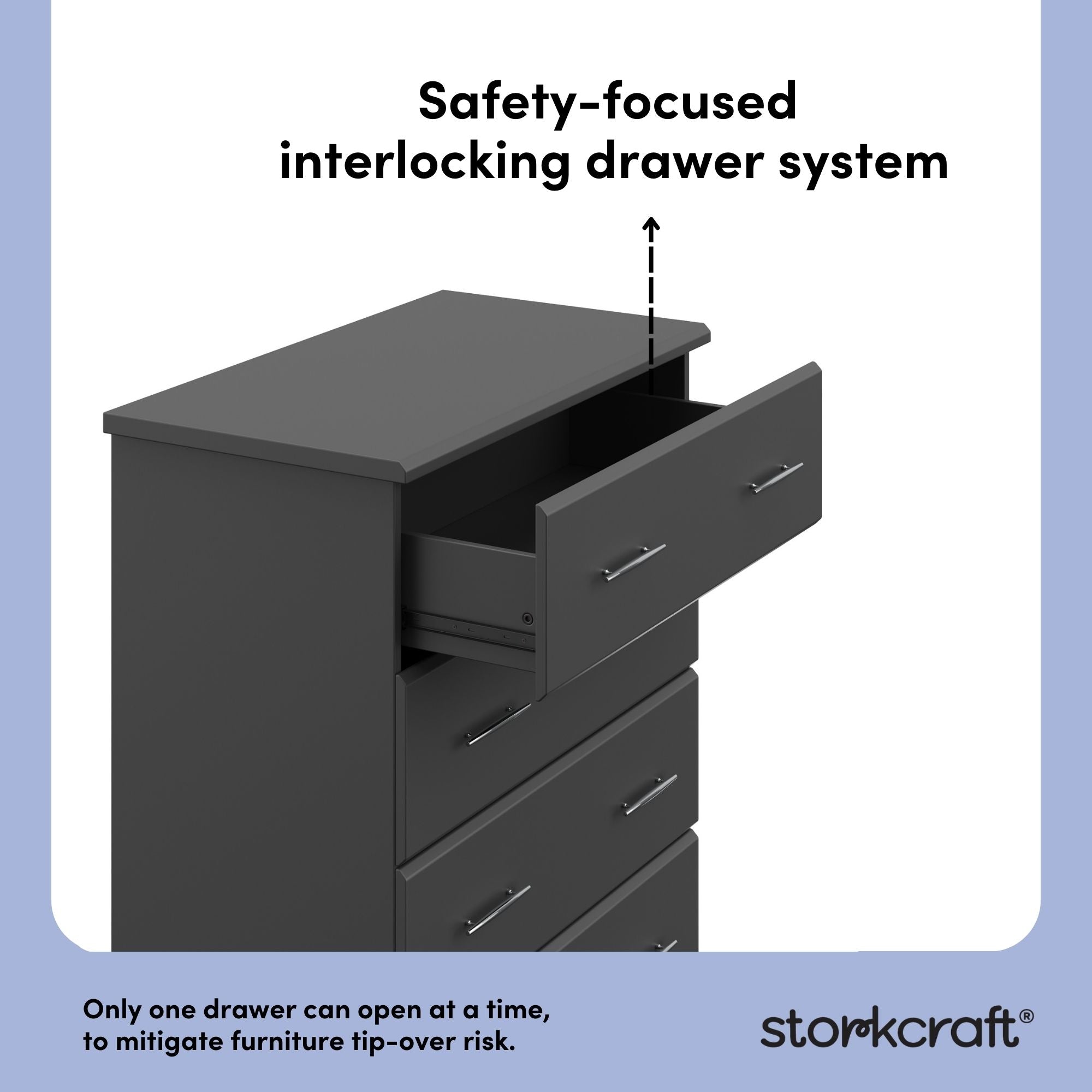 Brookside gray 4 drawer dresser interlocking drawers callout