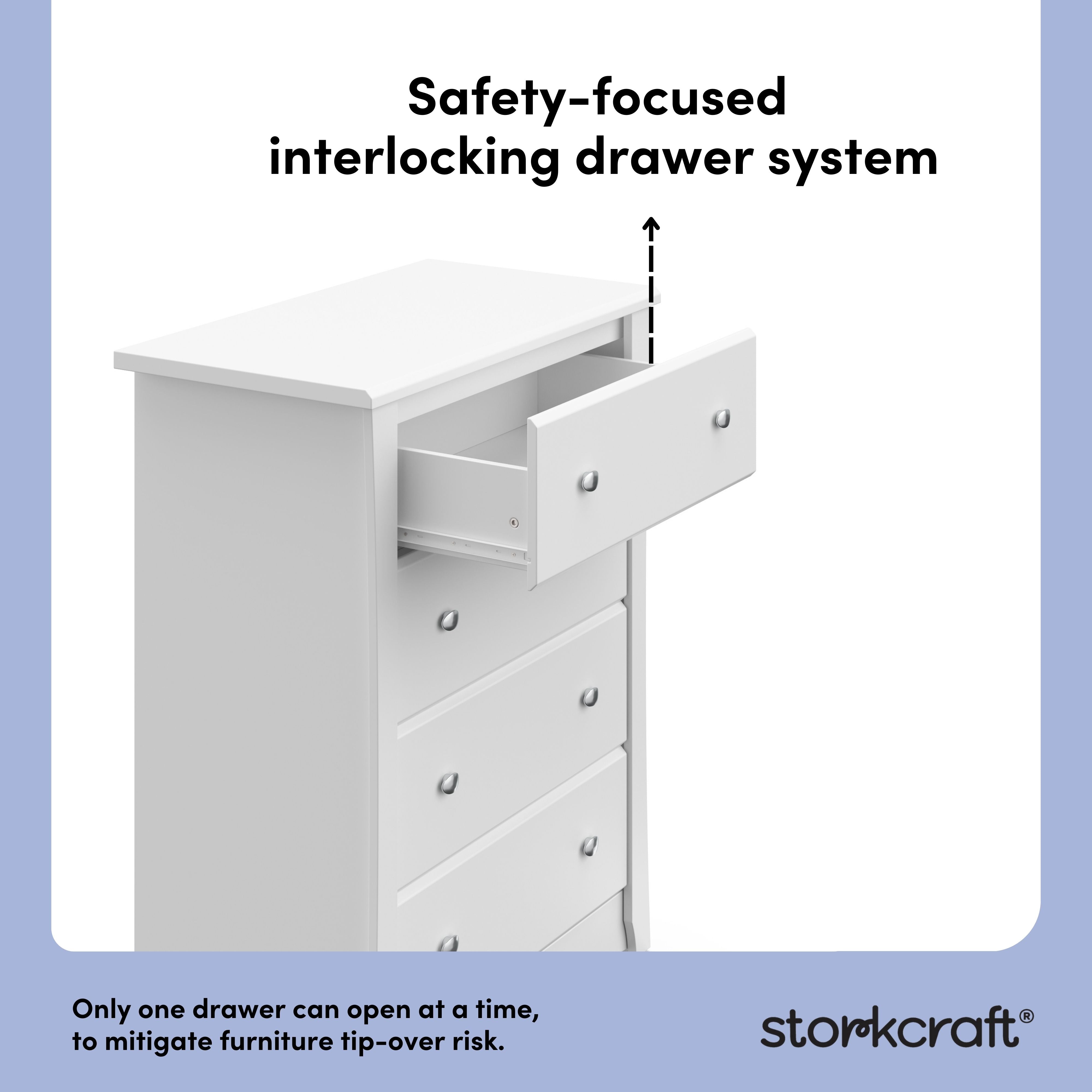 Crescent white 4 drawer dresser interlocking drawers callout