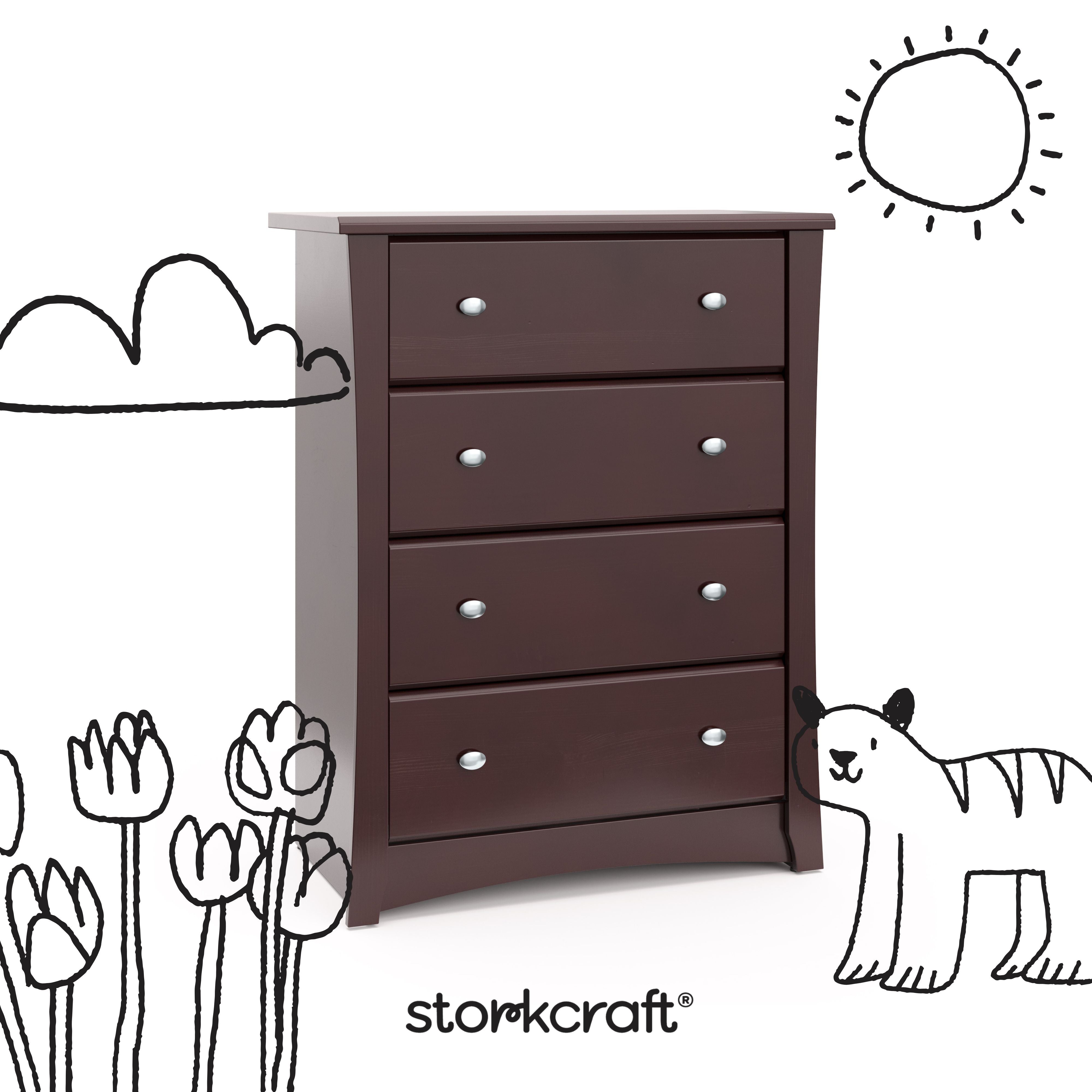 Crescent espresso 4 drawer dresser with black doodles overlaid on image