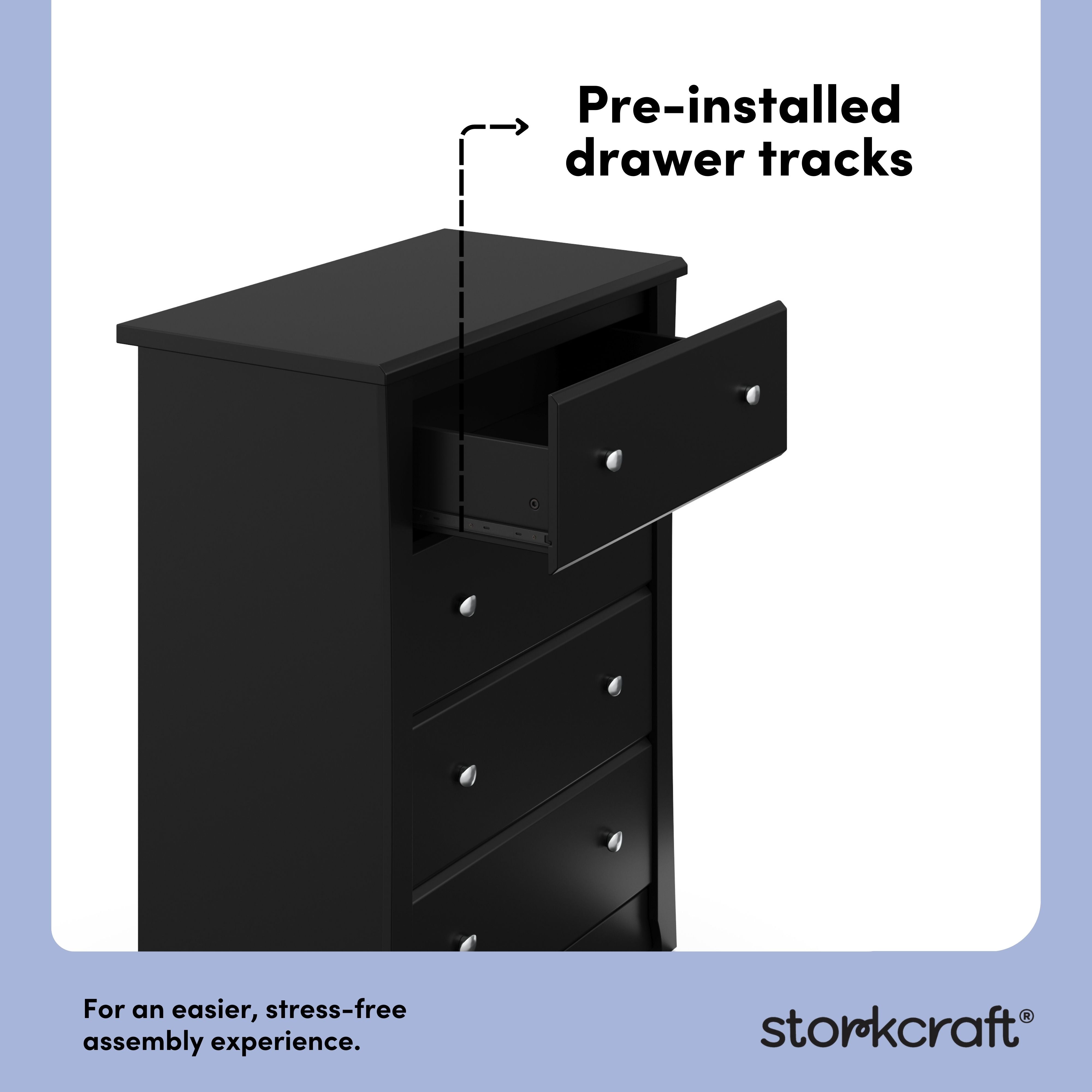 Crescent black 4 drawer dresser pre-installed drawer tracks callout
