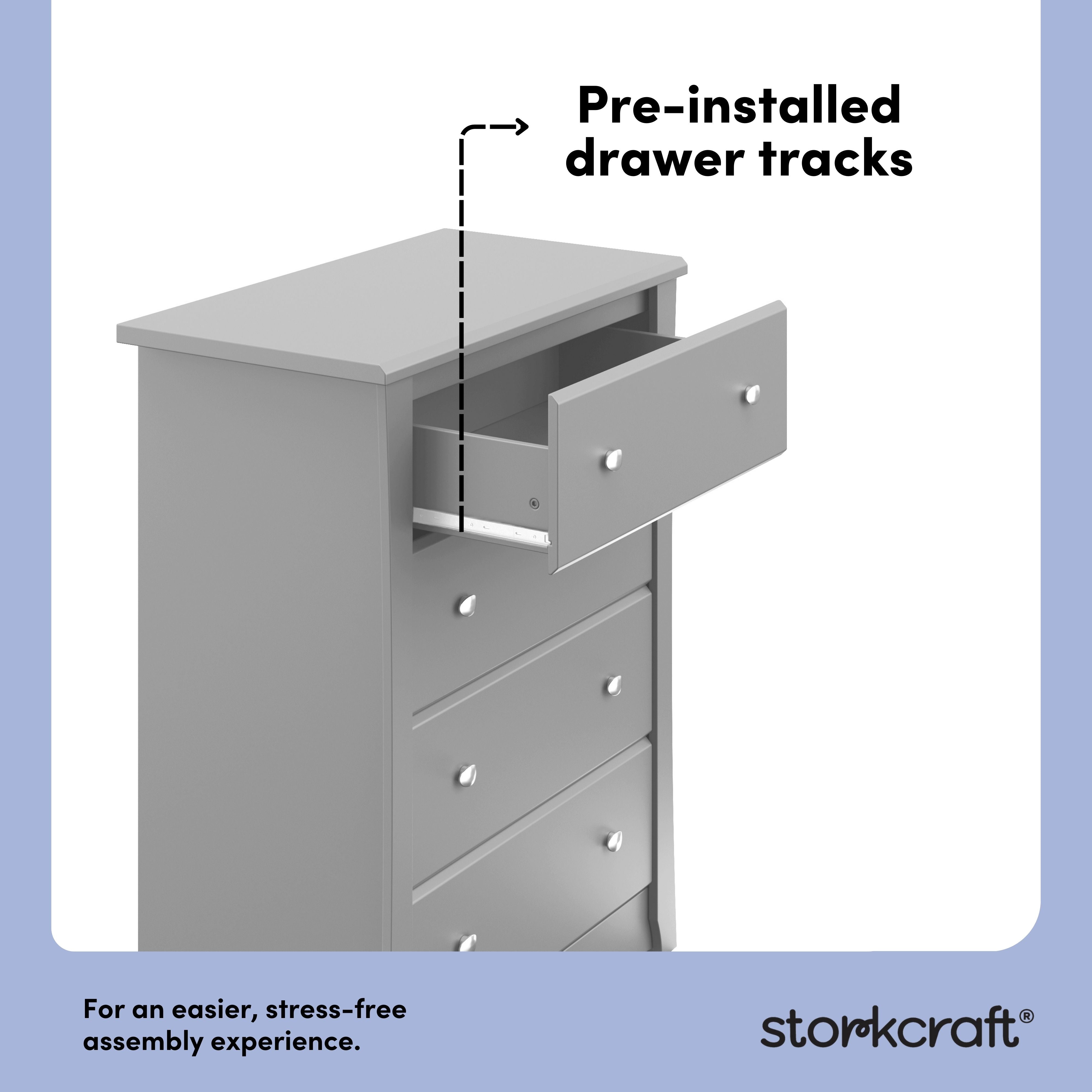 Crescent pebble gray 4 drawer dresser pre-installed drawer tracks callout