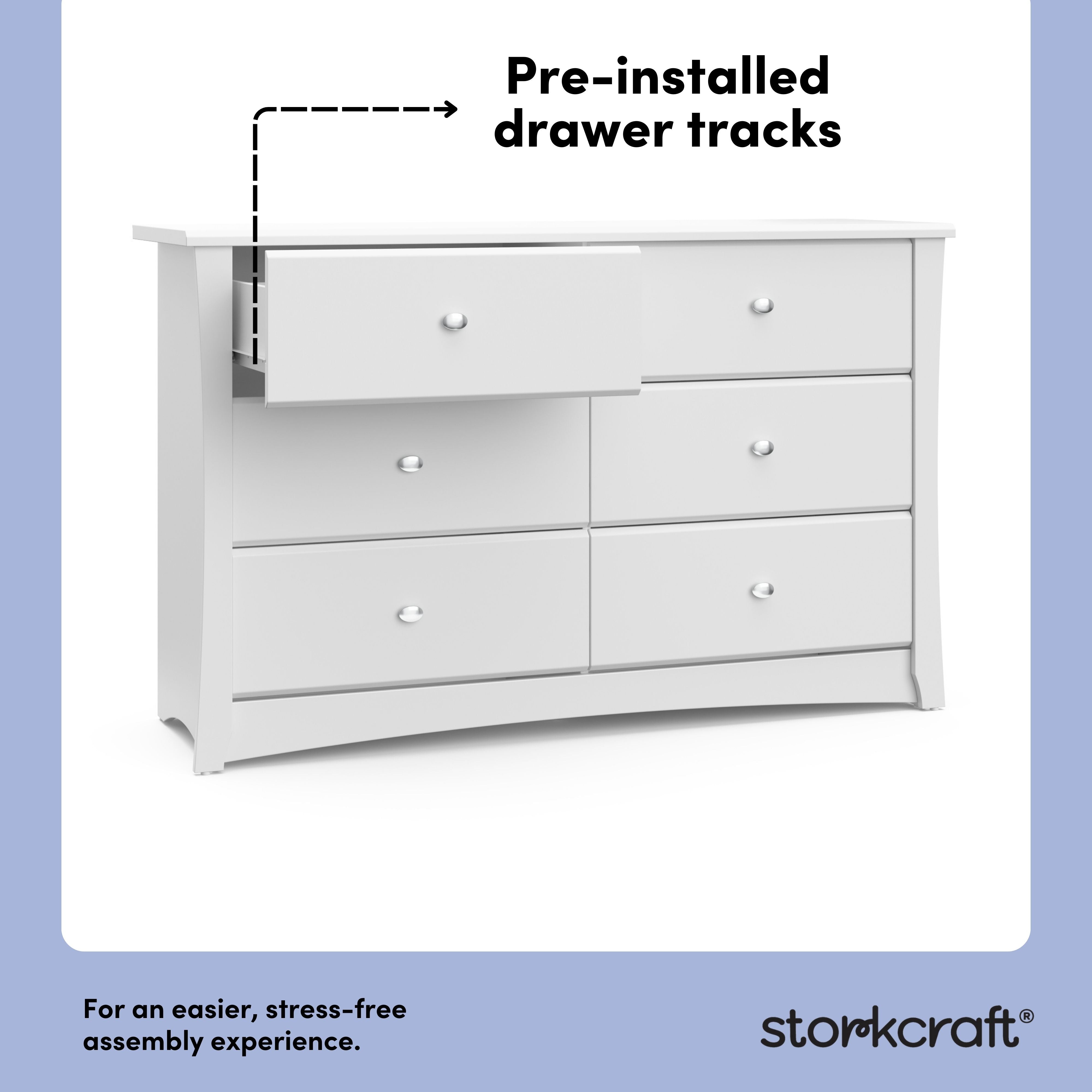 Crescent white 6 drawer dresser pre-installed drawer tracks callout