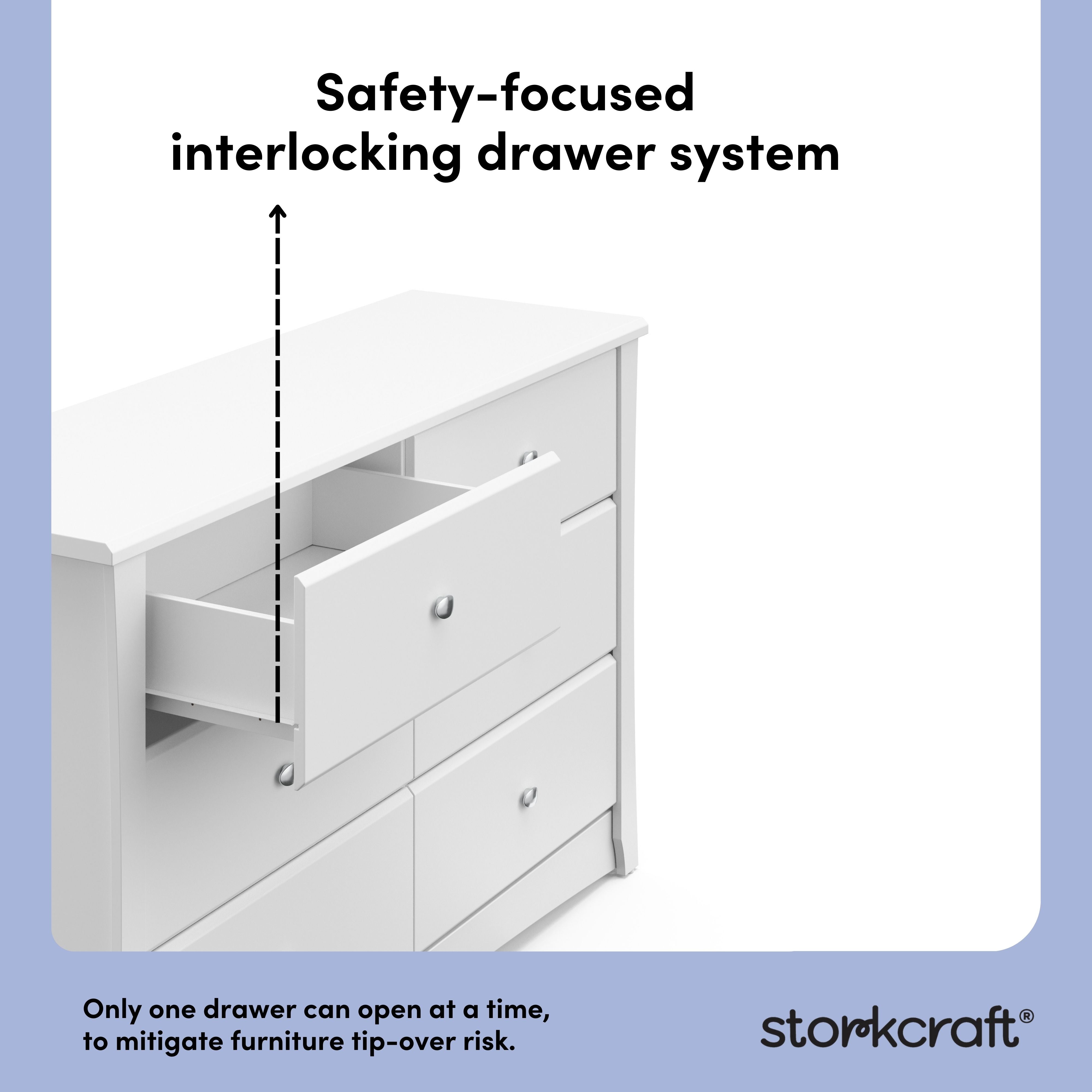 Crescent white 6 drawer dresser interlocking drawers callout