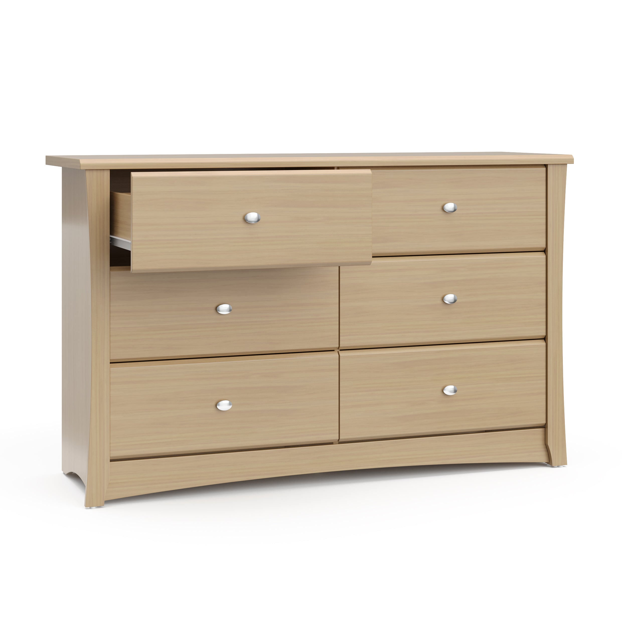 Crescent driftwood 6 drawer dresser with top left drawer open angle view