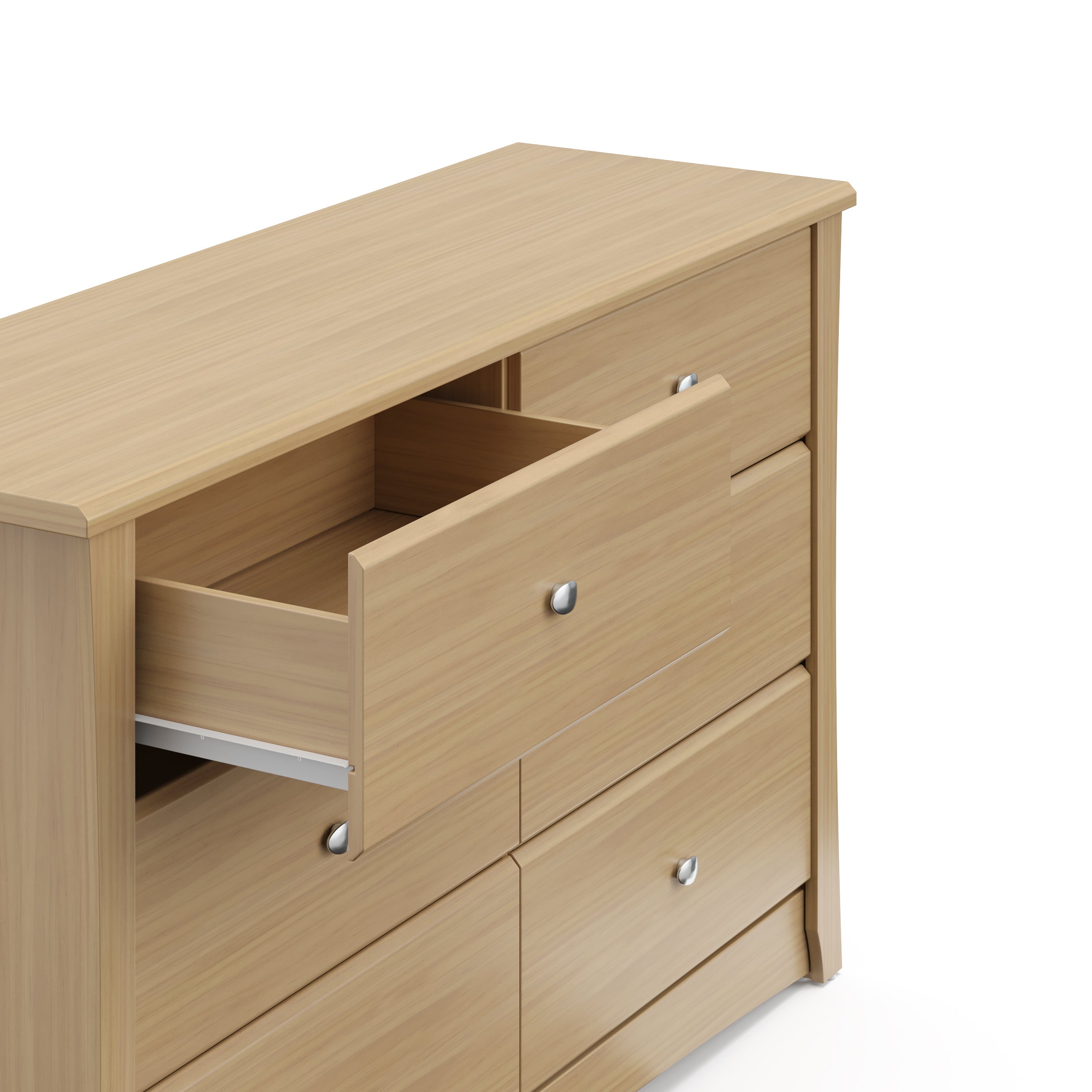 Crescent driftwood 6 drawer dresser close up of top left drawer open