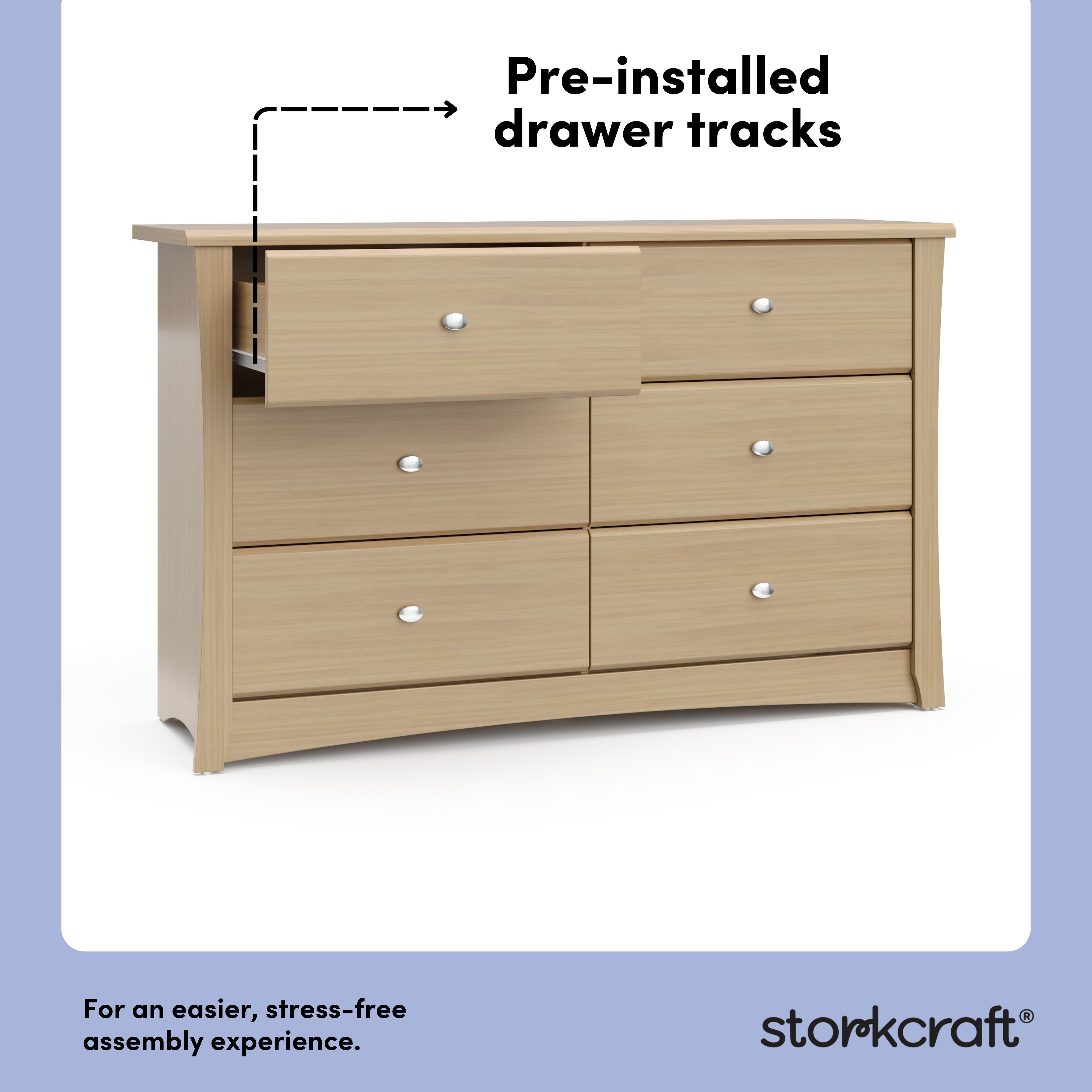 Crescent driftwood 6 drawer dresser pre-installed drawer tracks callout
