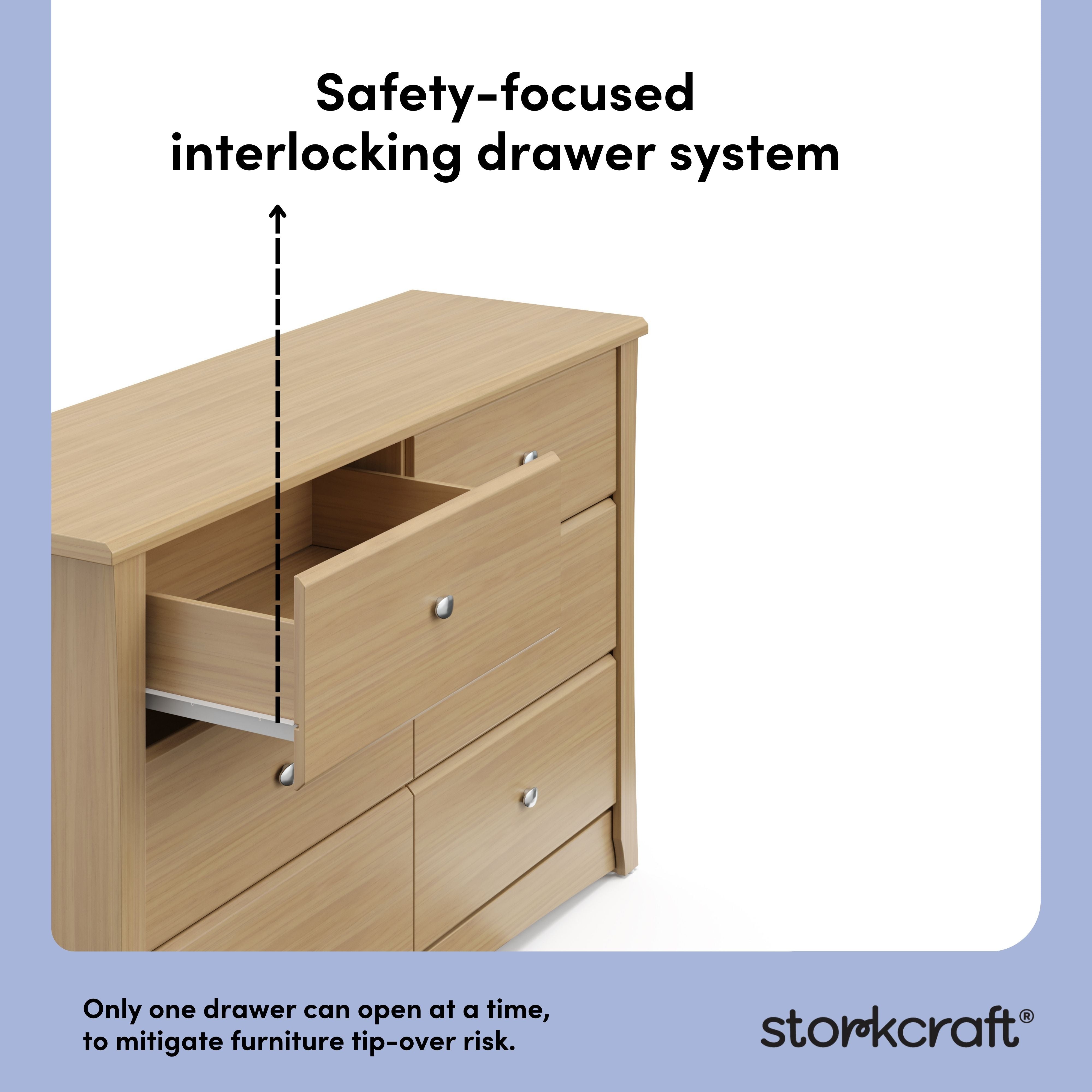 Crescent driftwood 6 drawer dresser interlocking drawers callout