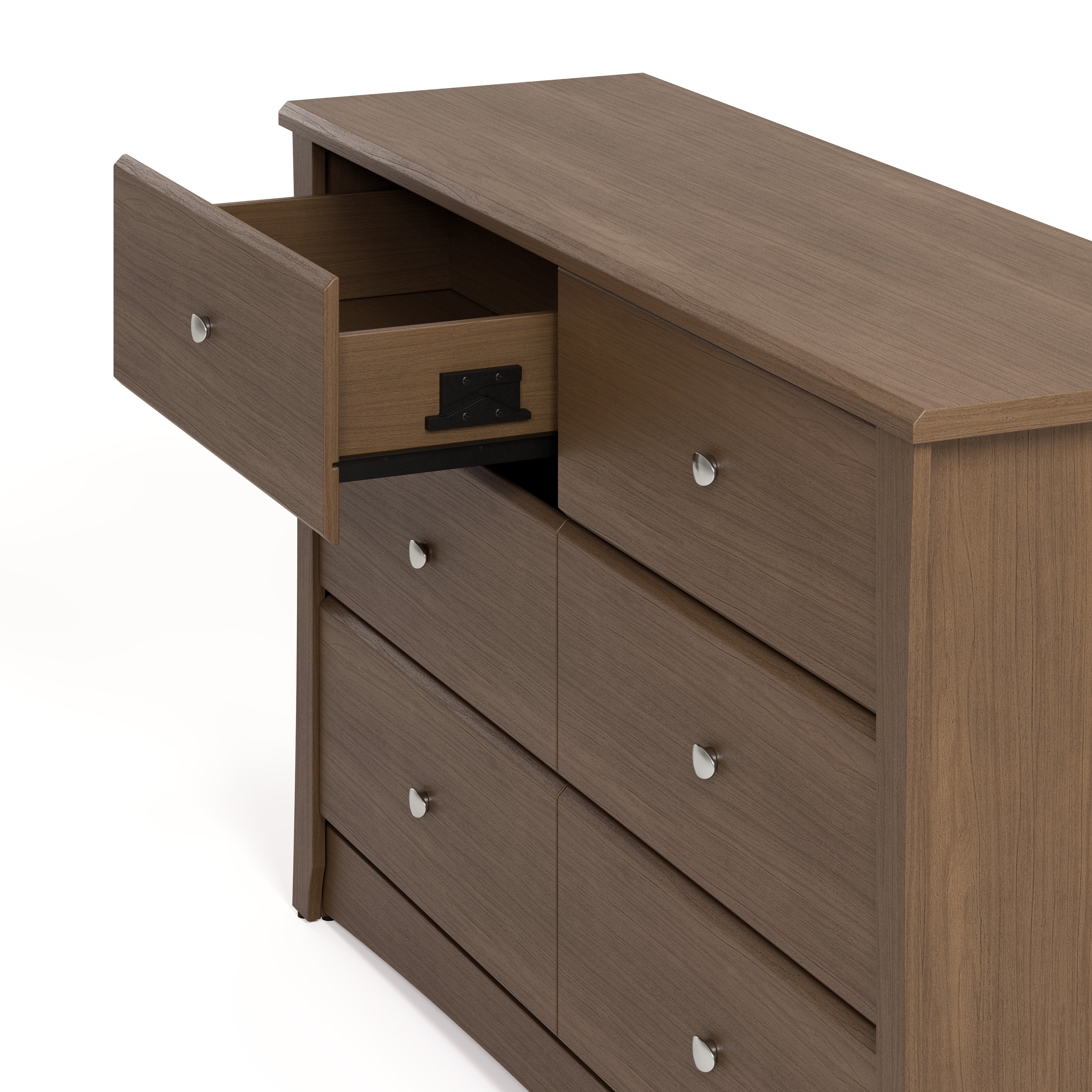 Crescent hazelnut 6 drawer dresser close up of top left drawer open