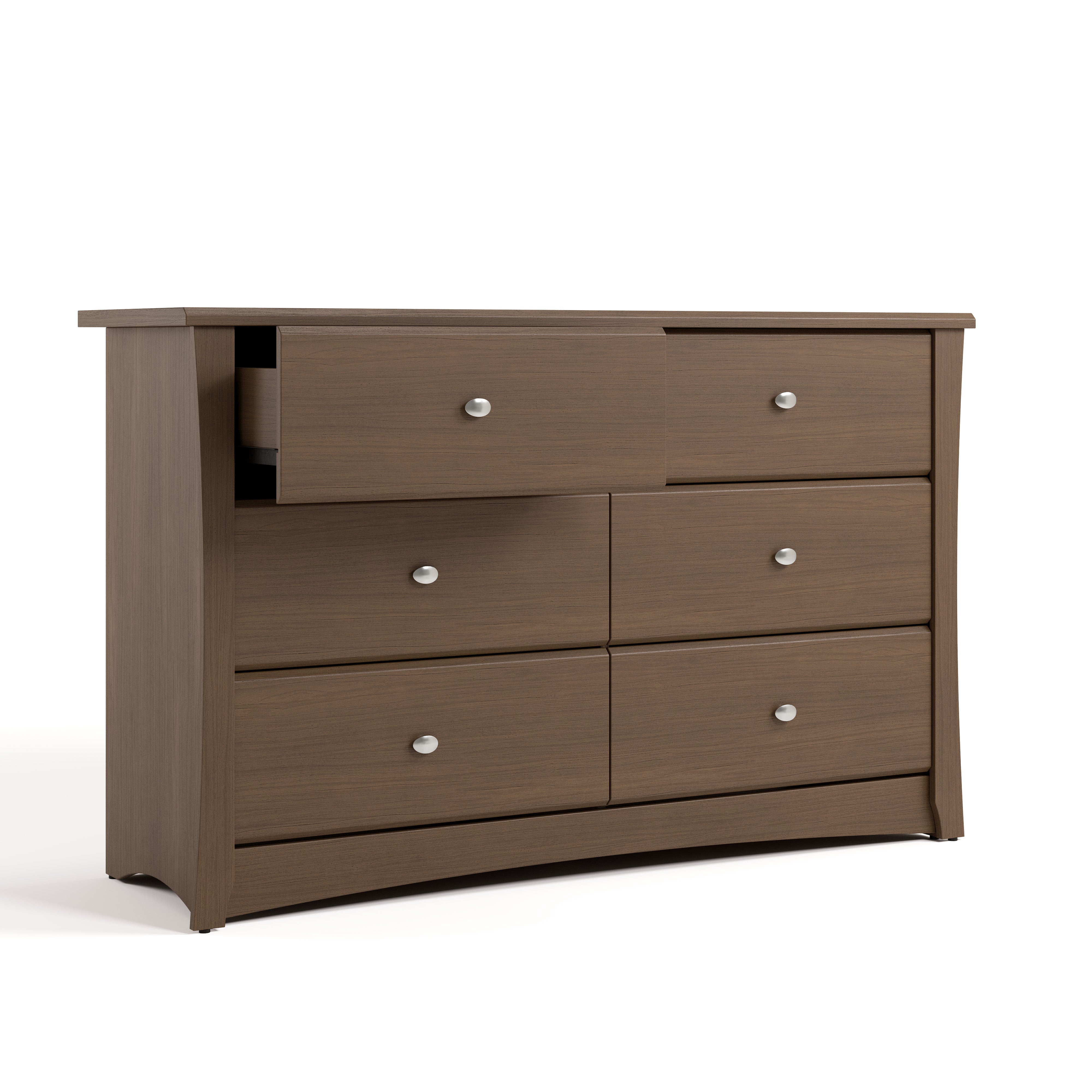 Crescent hazelnut 6 drawer dresser with top left drawer open angle view