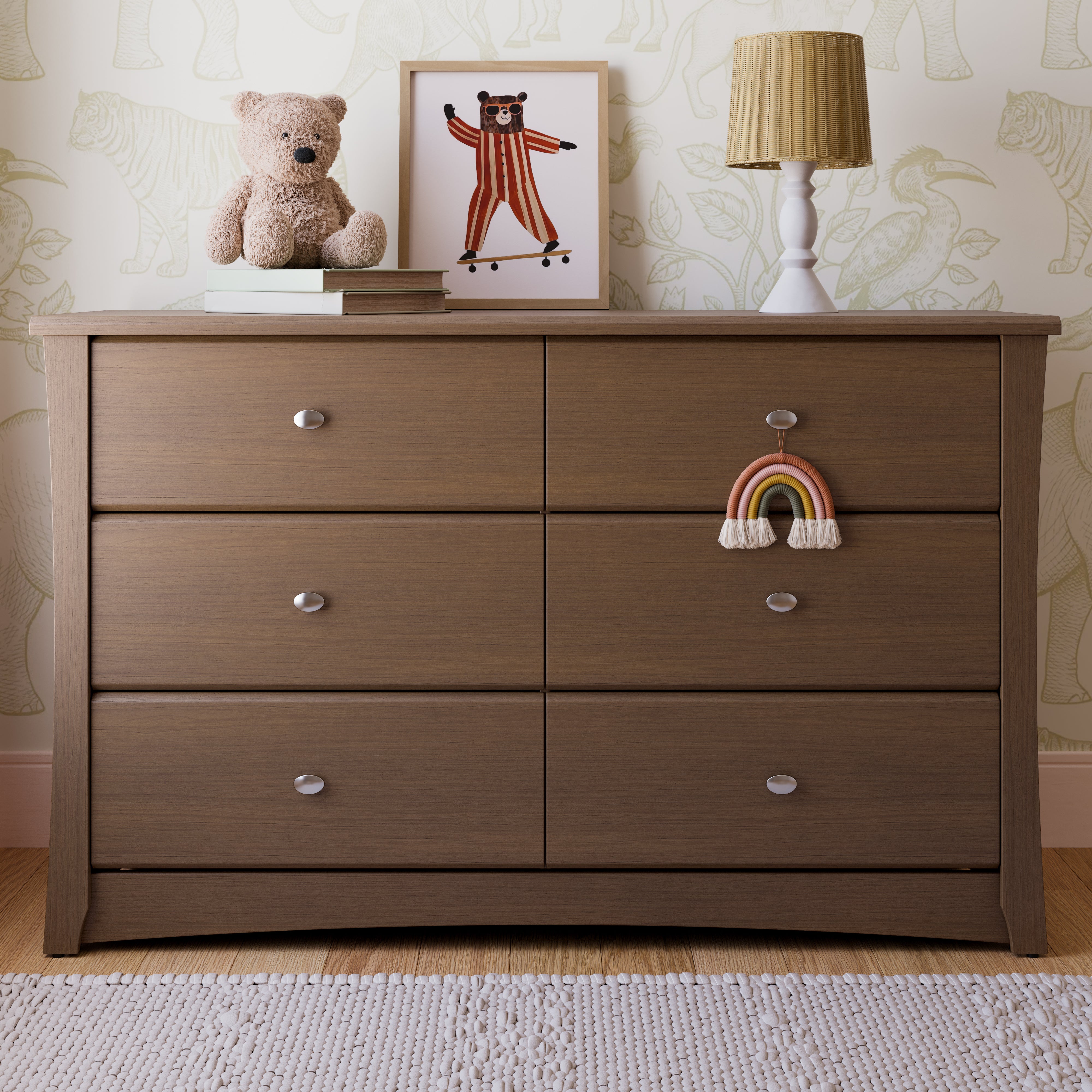Crescent hazelnut 6 drawer dresser in a nursery
