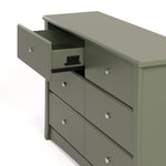 Crescent olive 6 drawer dresser close up of top left drawer open