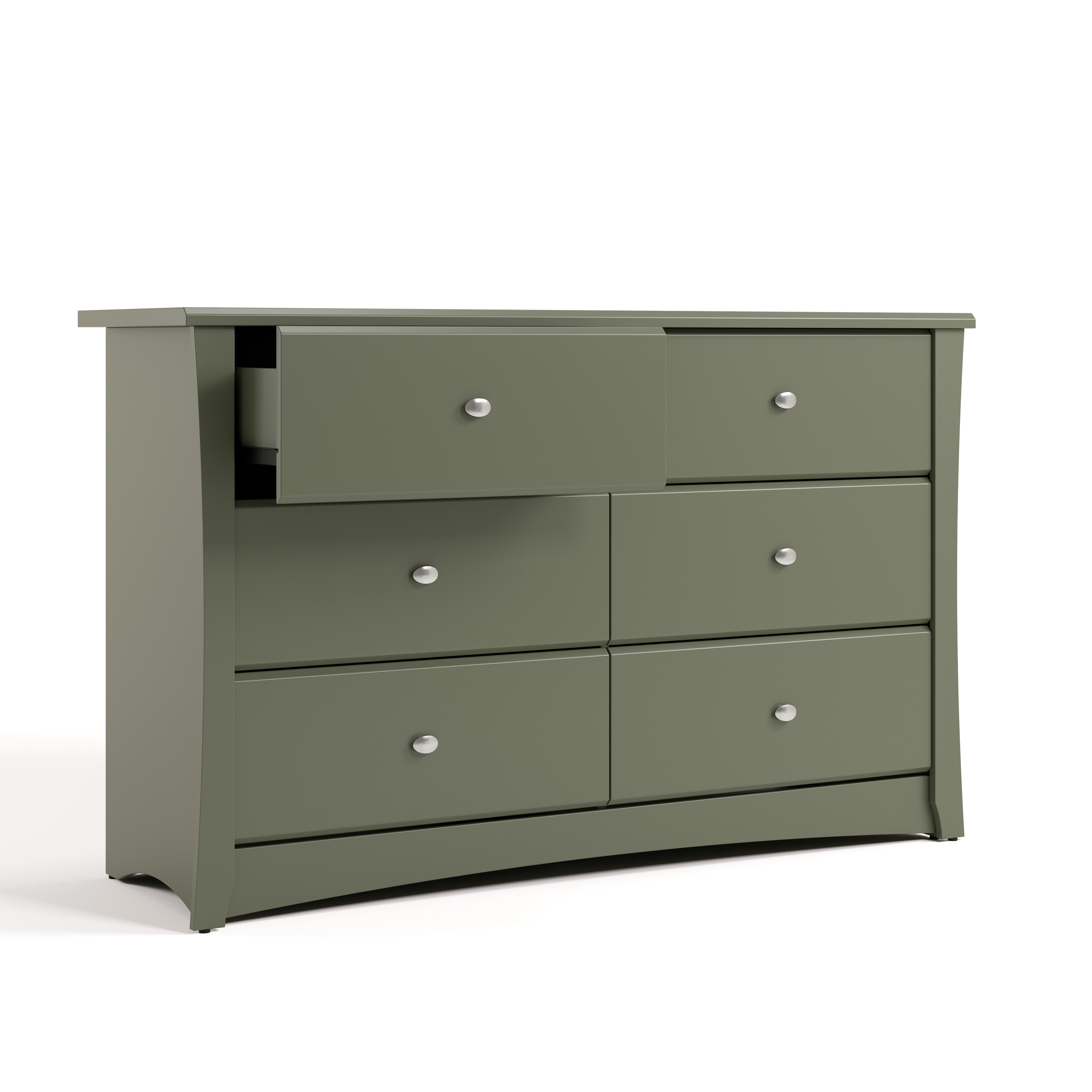 Crescent olive 6 drawer dresser with top left drawer open angle view