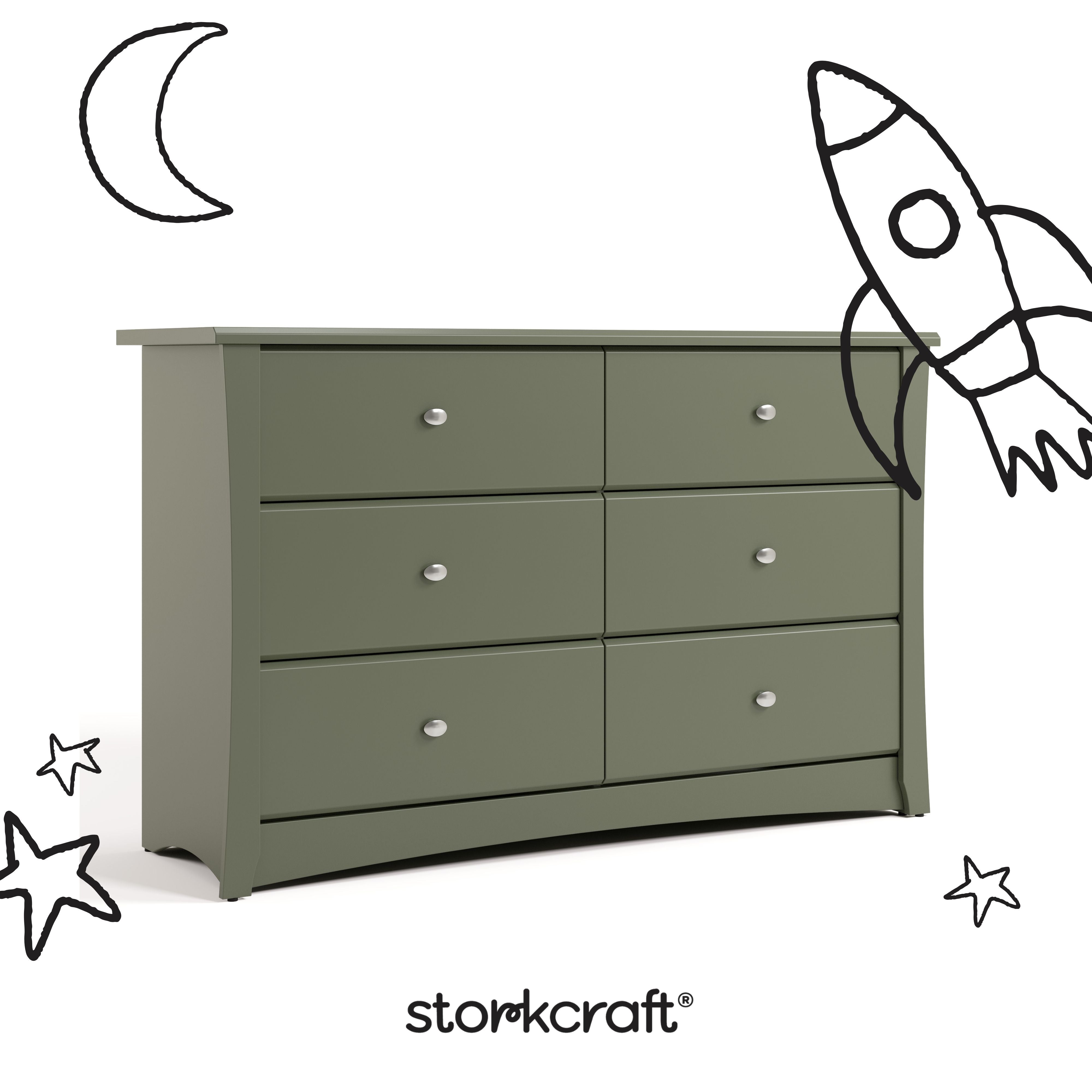 Crescent olive 6 drawer dresser with black doodles overlaid on image
