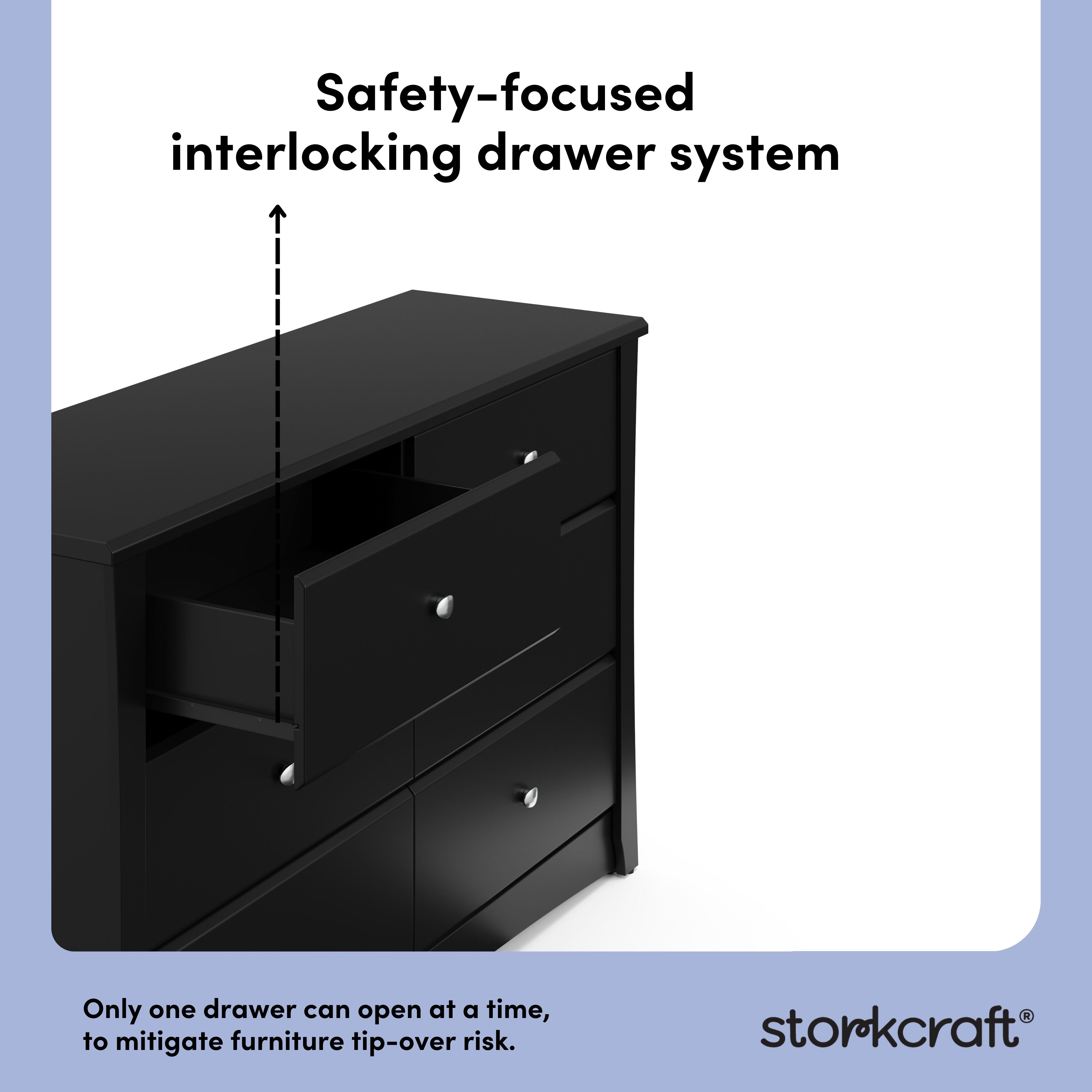 Crescent black 6 drawer dresser interlocking drawers callout