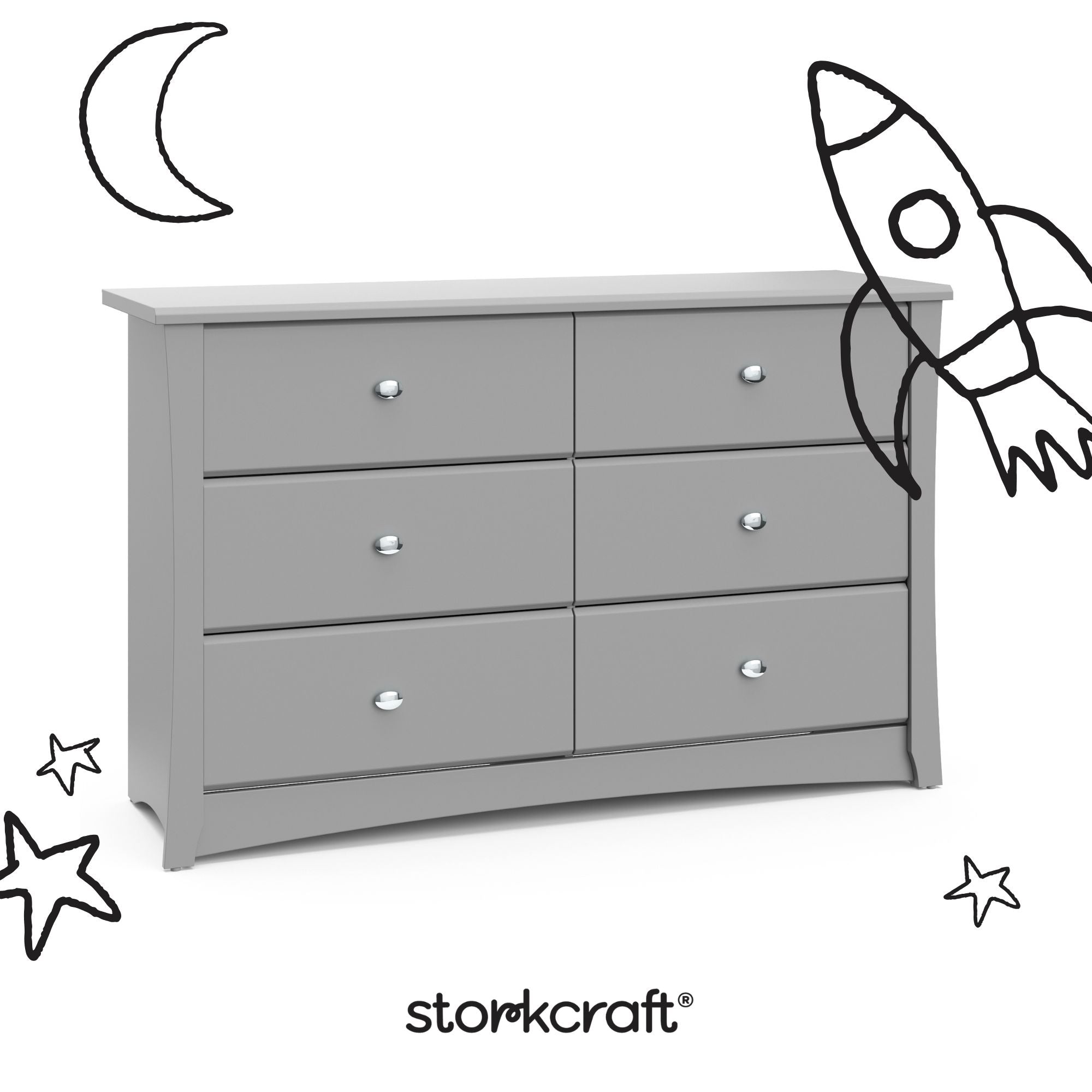 crescent pebble gray 6 drawer dresser with black doodles overlaid on image