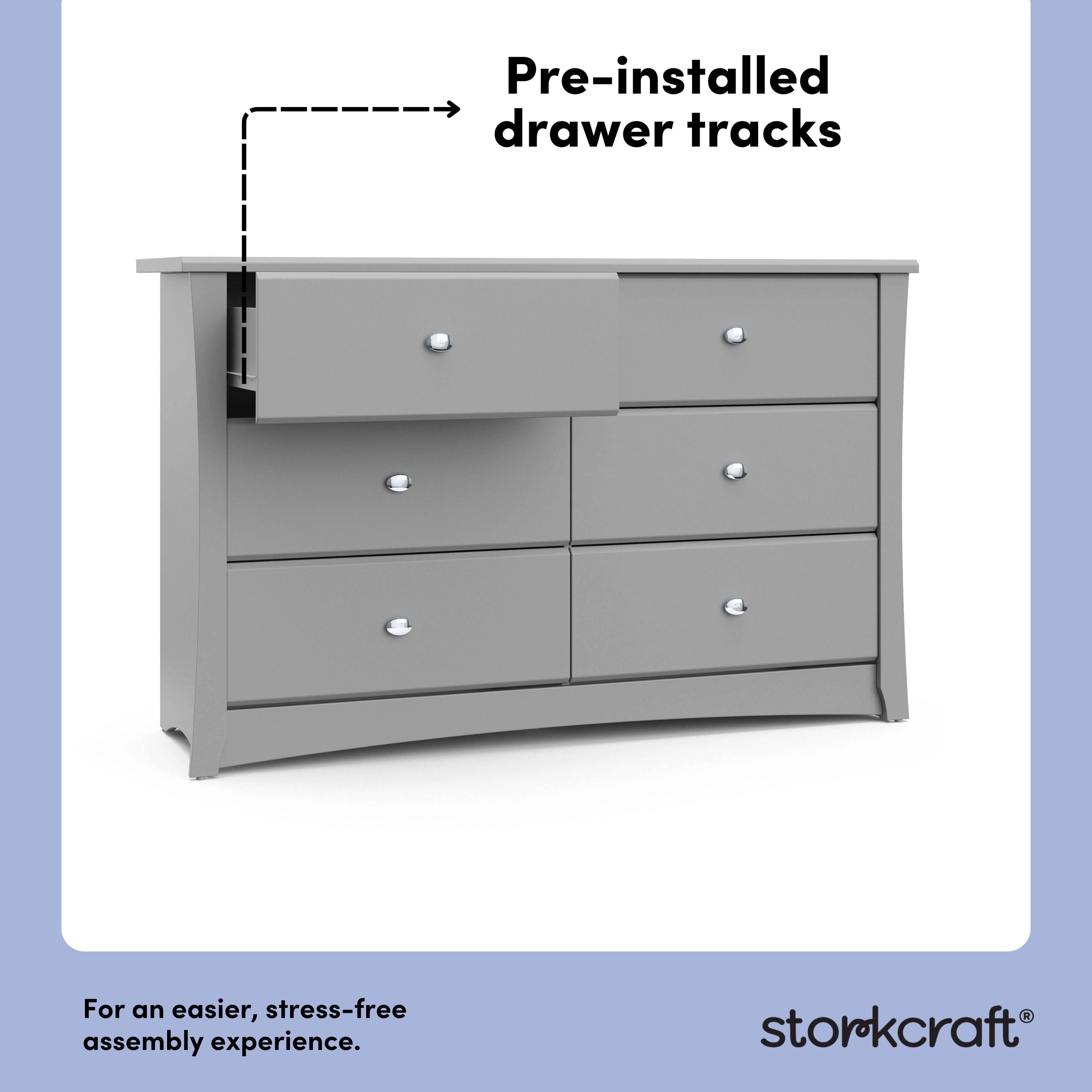 Crescent pebble gray 6 drawer dresser pre-installed drawer tracks callout