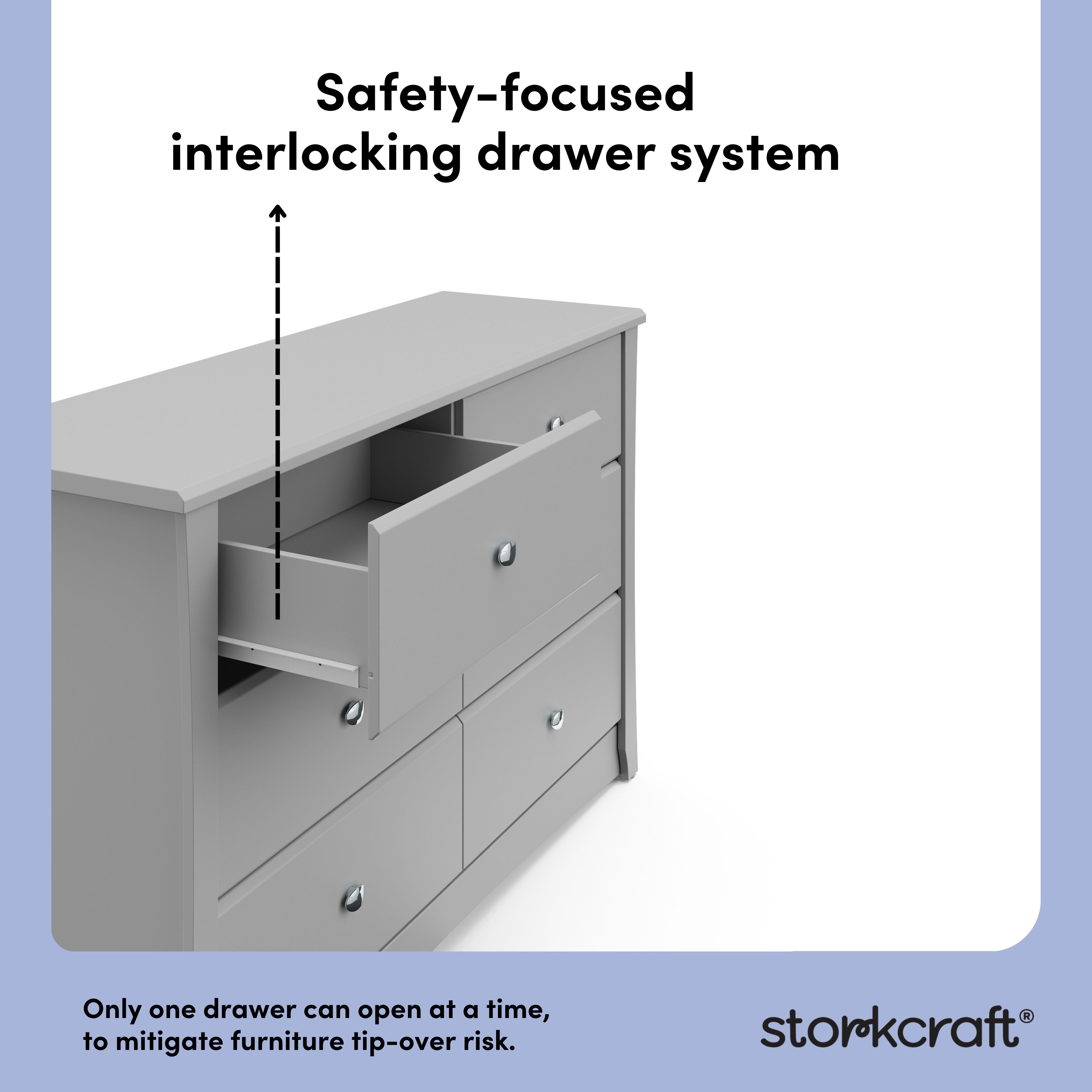 Crescent pebble gray 6 drawer dresser interlocking drawers callout