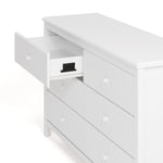 Alpine white 6 drawer dresser with top left drawer open showing interlocking drawer mechanism