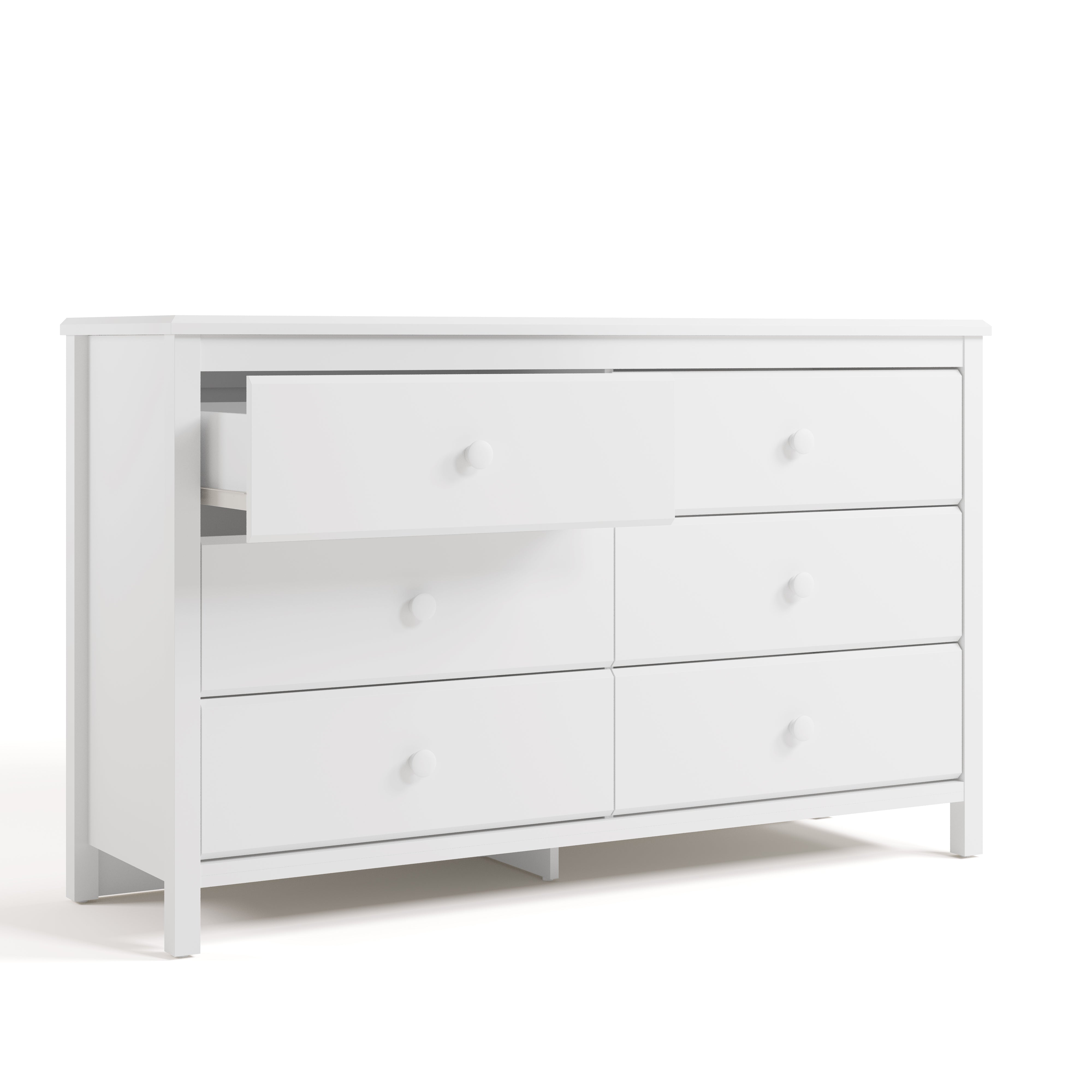 Alpine white 6 drawer dresser with top left drawer open angle view
