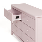 Alpine blush 6 drawer dresser with top left drawer open showing interlocking drawer mechanism