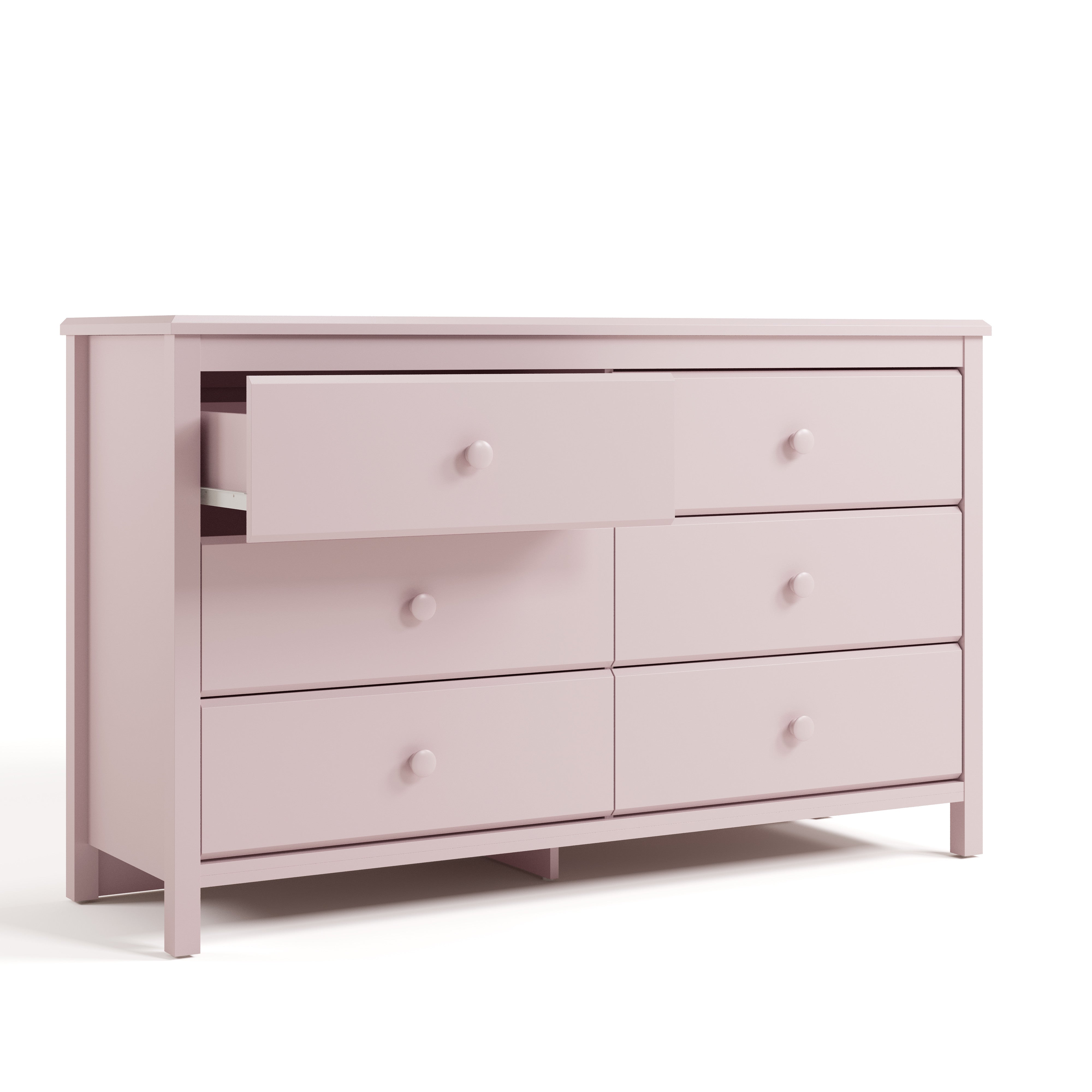 Alpine blush 6 drawer dresser with top left drawer open angle view