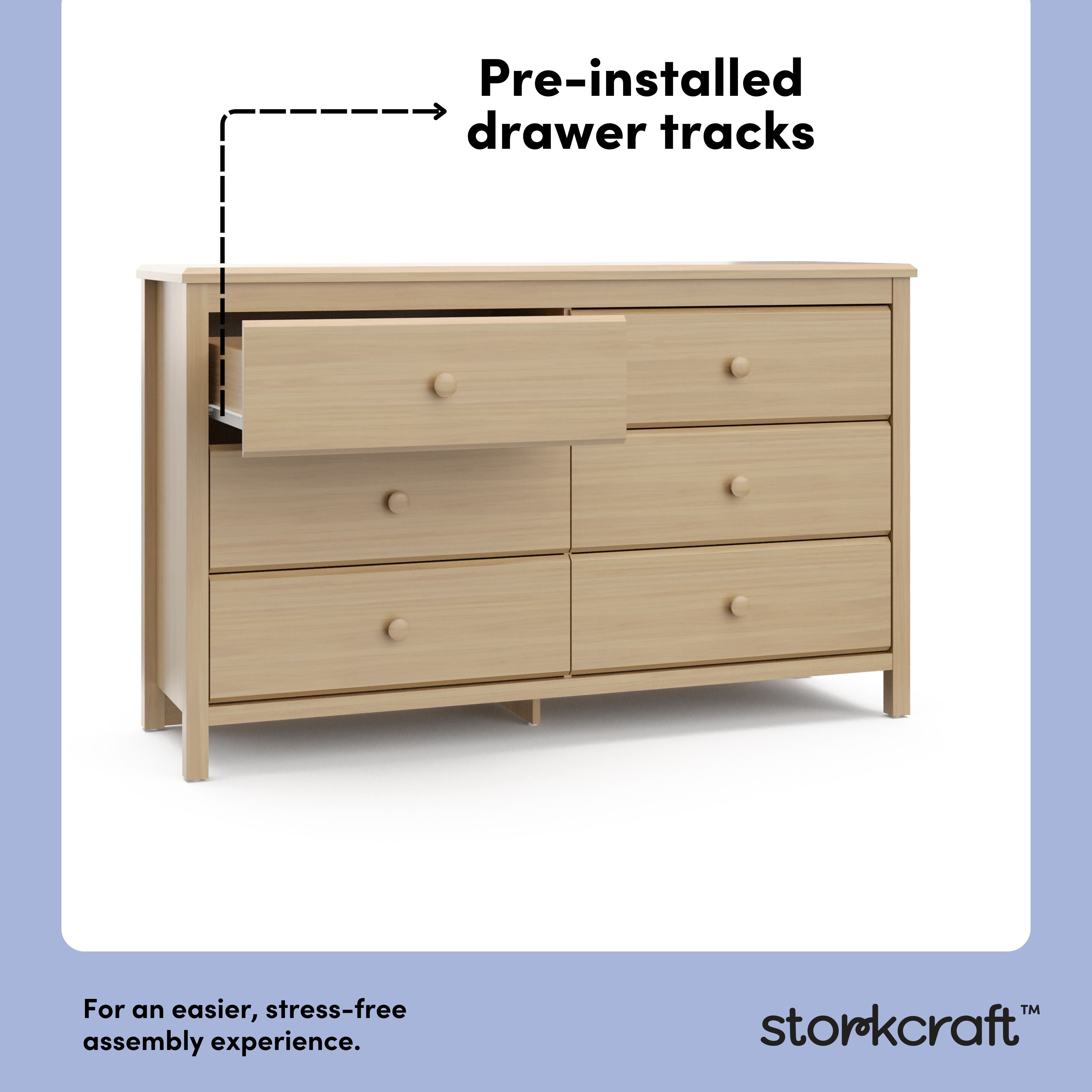 alpine driftwood 6 drawer dresser pre-installed drawer tracks callout