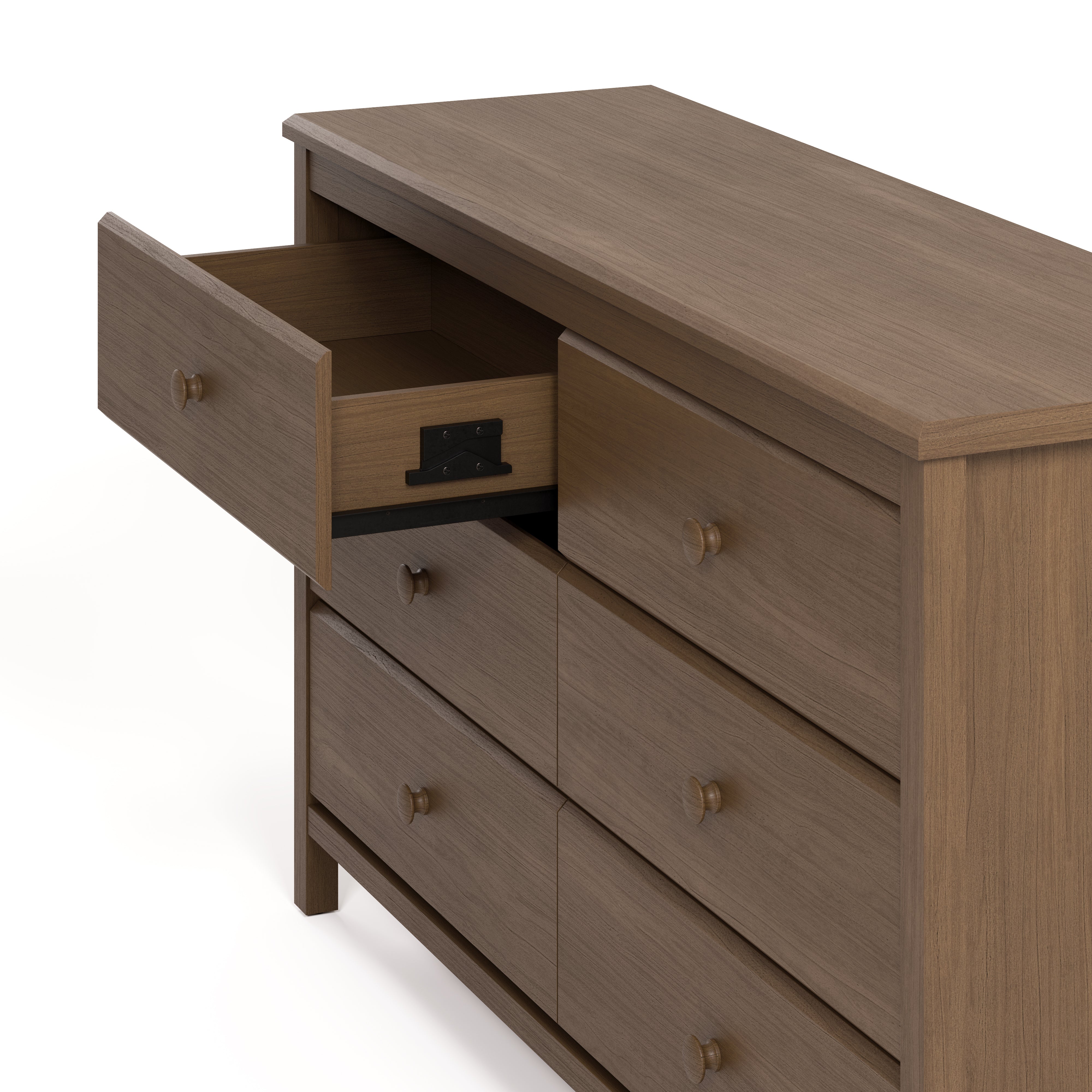 Alpine hazelnut 6 drawer dresser with top left drawer open showing interlocking drawer mechanism