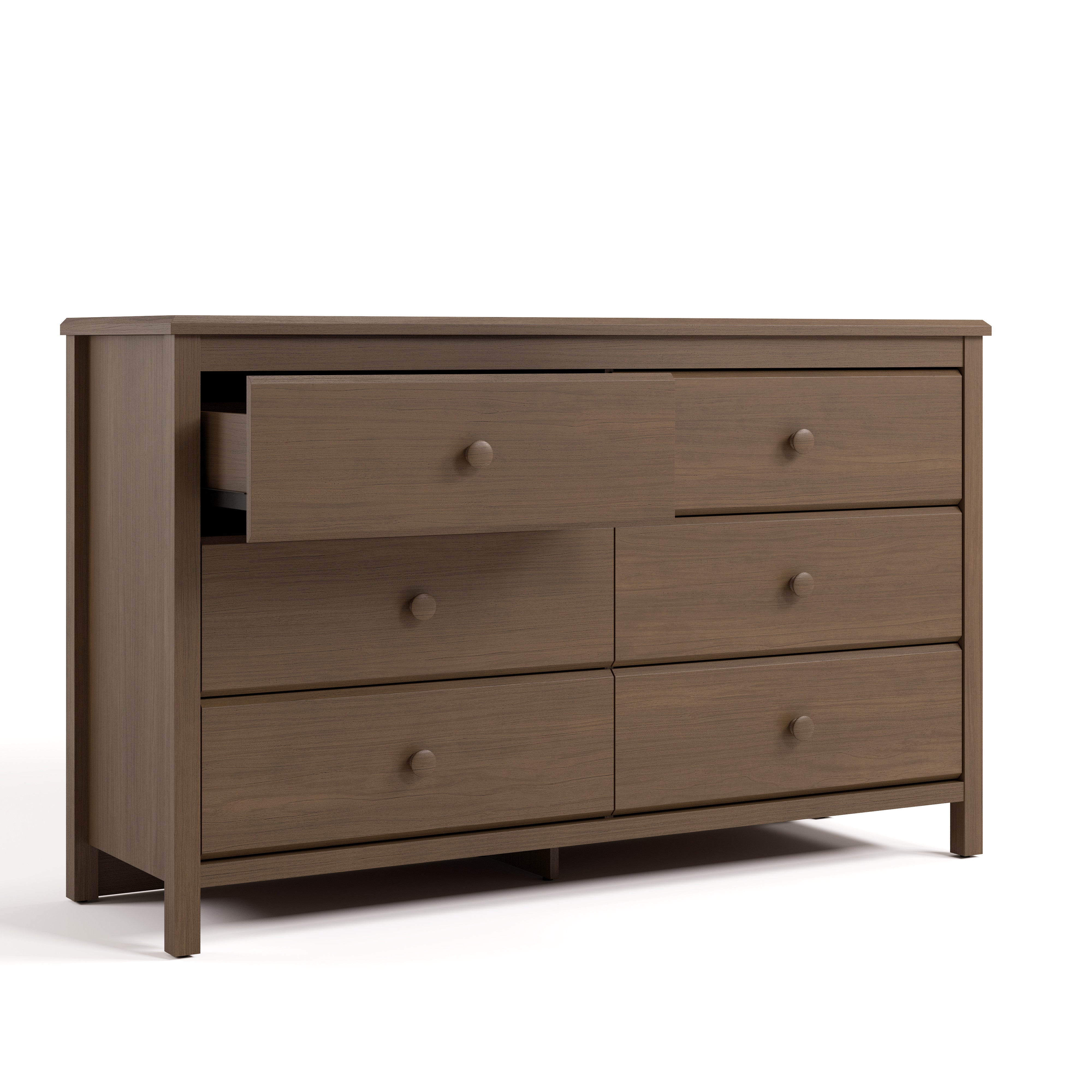 Alpine hazelnut 6 drawer dresser with top left drawer open angle view