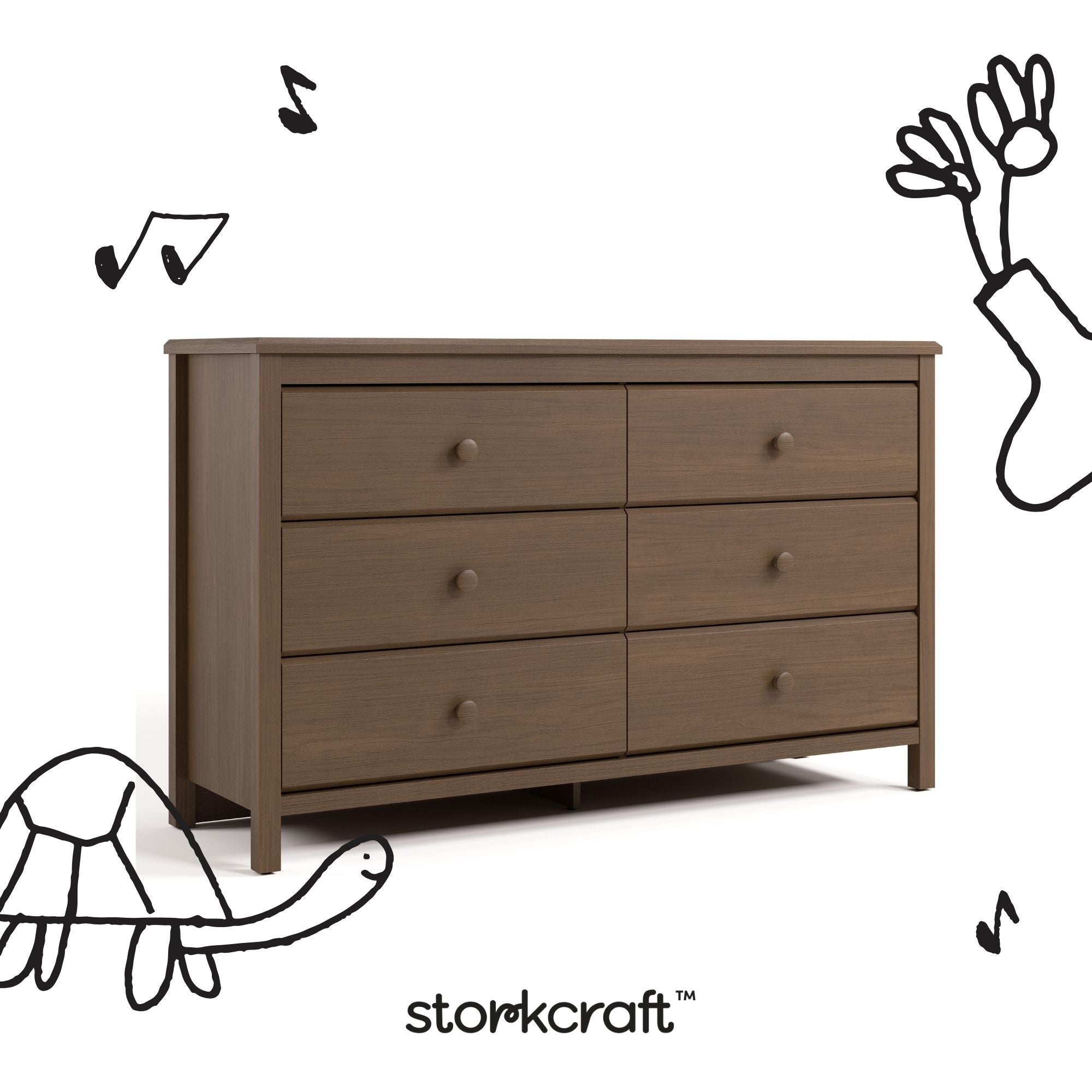 alpine hazelnut 6 drawer dresser with black doodles overlaid on image