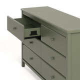 Alpine olive 6 drawer dresser with top left drawer open showing interlocking drawer mechanism