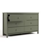 Alpine olive 6 drawer dresser with top left drawer open angle view