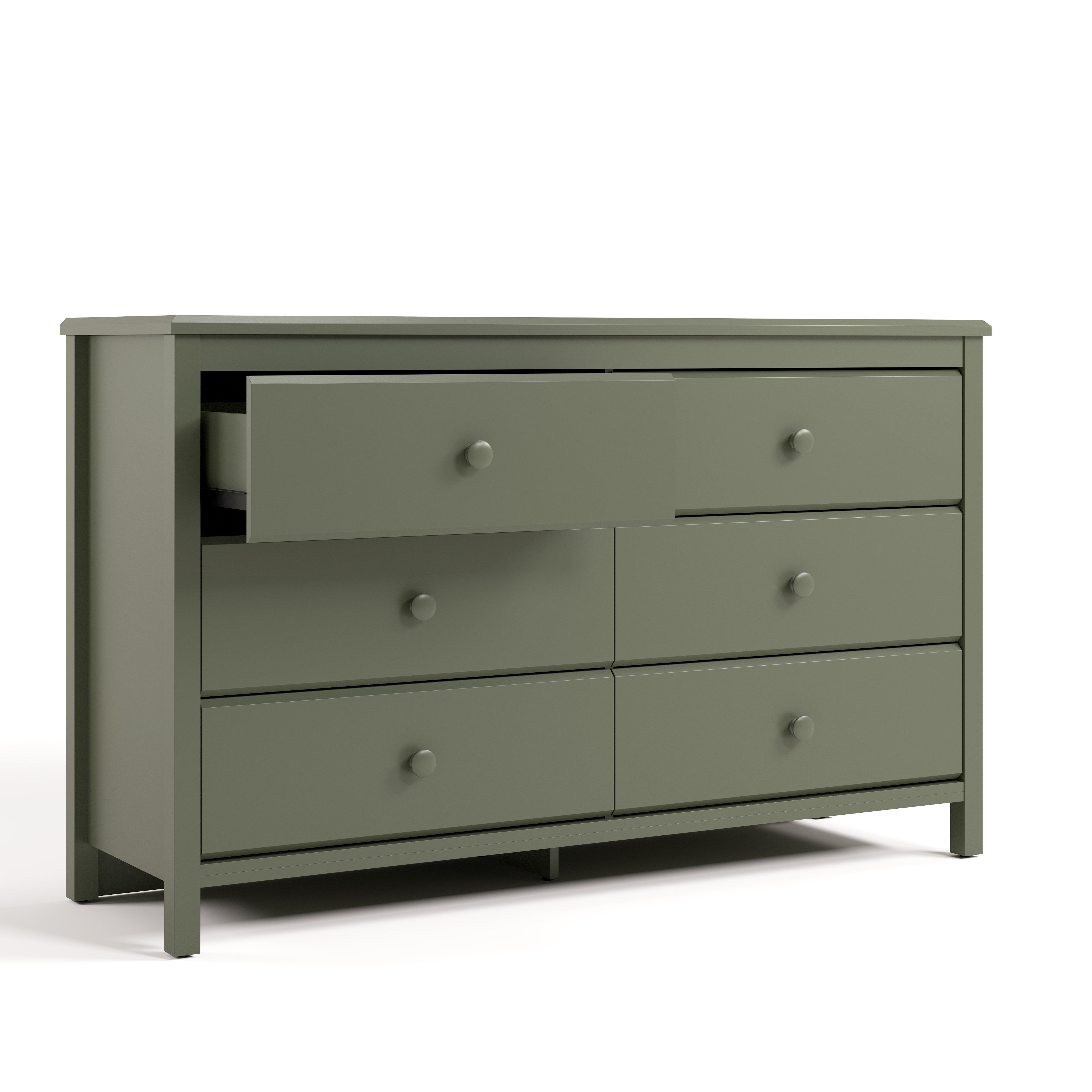 Alpine olive 6 drawer dresser with top left drawer open angle view