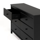 Alpine black 6 drawer dresser with top left drawer open showing interlocking drawer mechanism