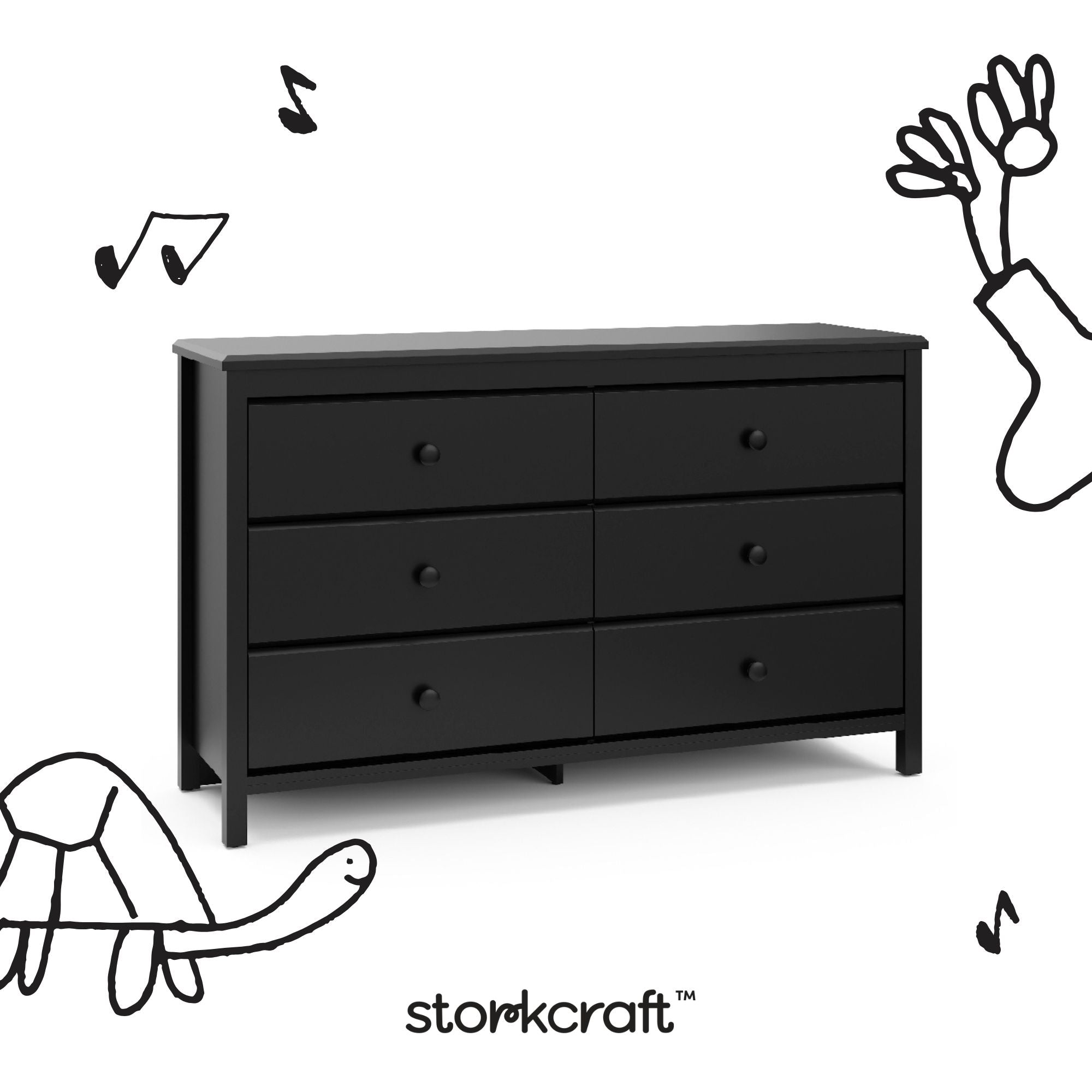 alpine black 6 drawer dresser with black doodles overlaid on image