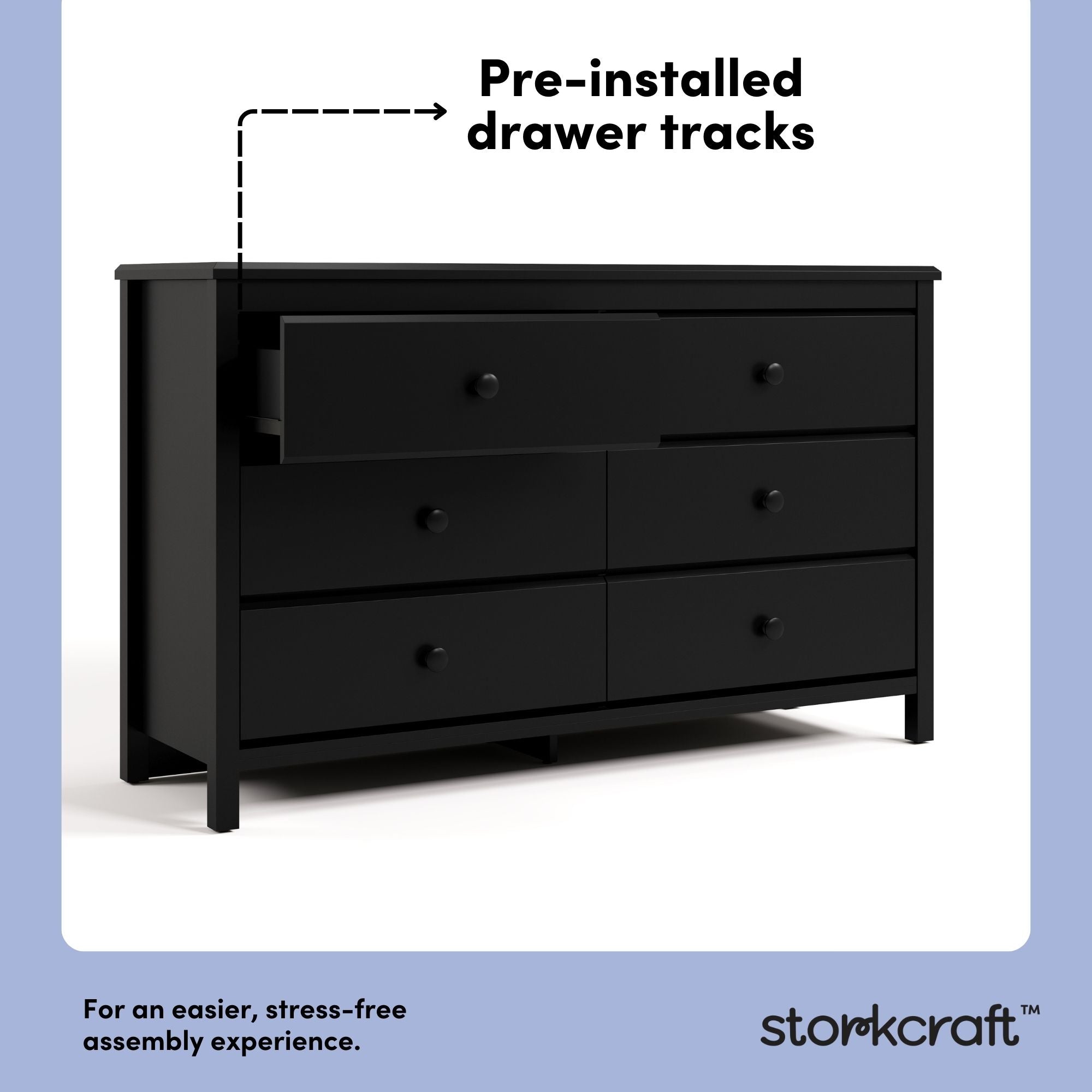 alpine black 6 drawer dresser pre-installed drawer tracks callout