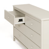 Alpine frosted oat 6 drawer dresser with top left drawer open showing interlocking drawer mechanism