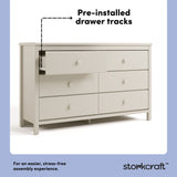 alpine frosted oat 6 drawer dresser pre-installed drawer tracks callout