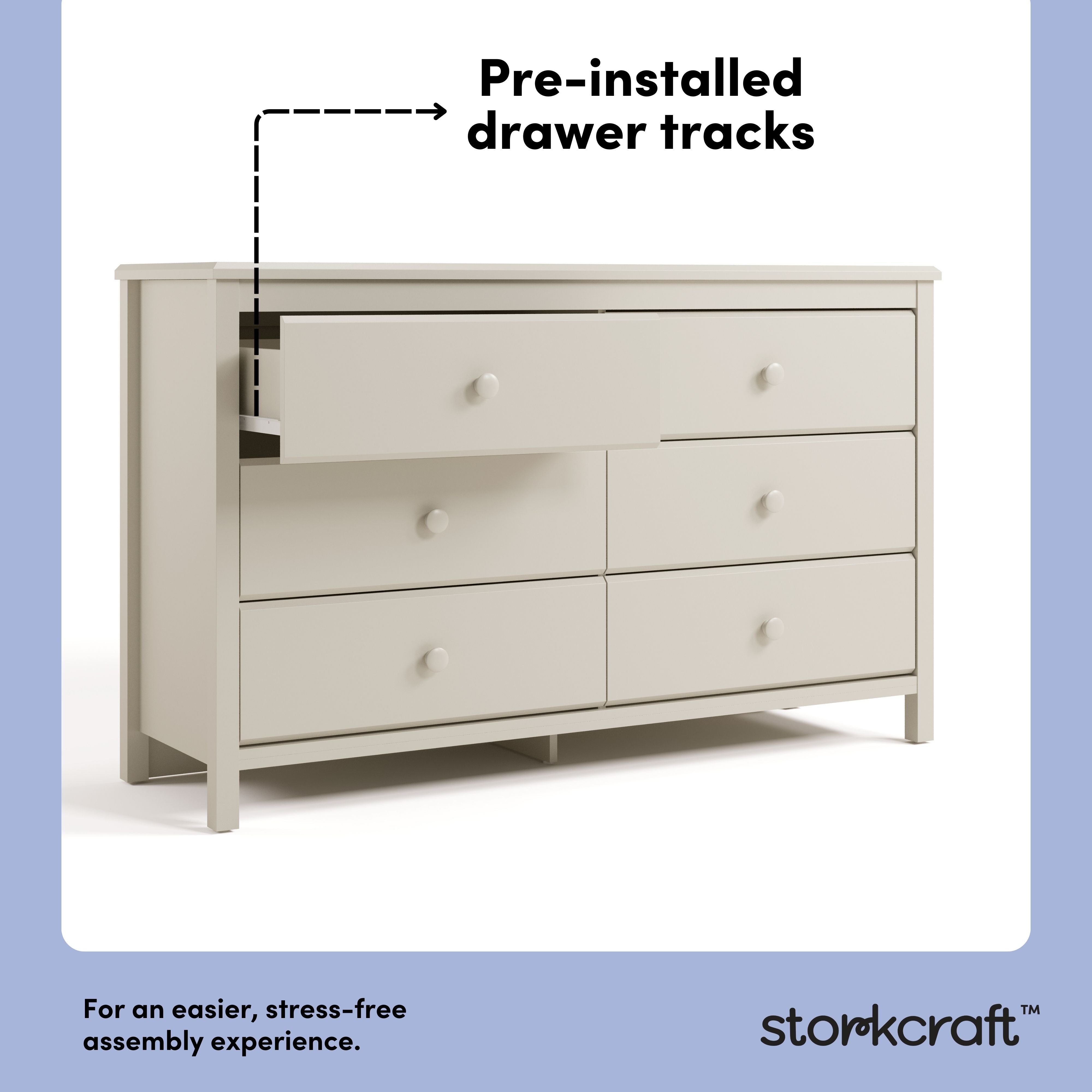 alpine frosted oat 6 drawer dresser pre-installed drawer tracks callout