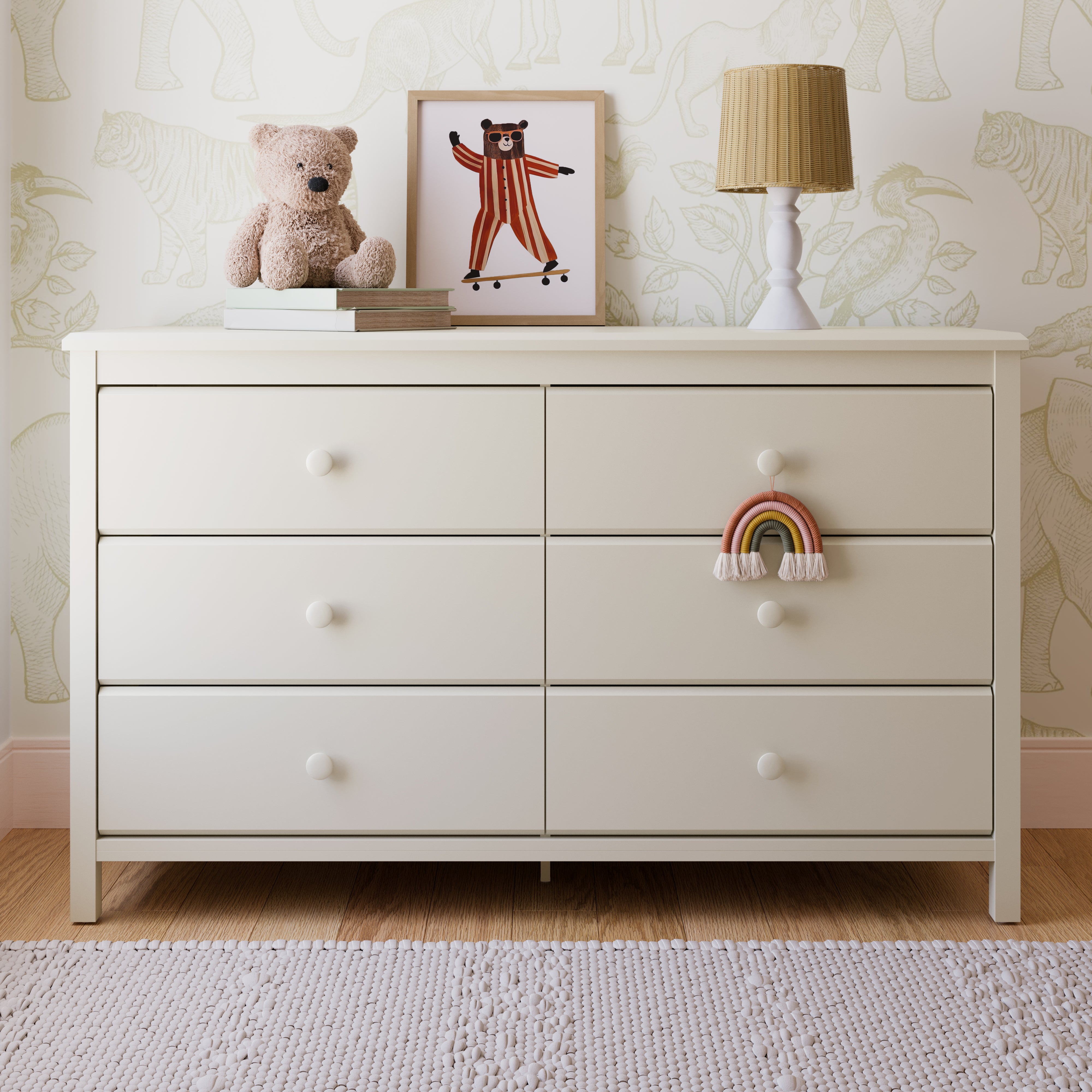 Alpine frosted oat 6 drawer dresser in a nursery