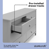 alpine pebble gray 6 drawer dresser pre-installed drawer tracks callout