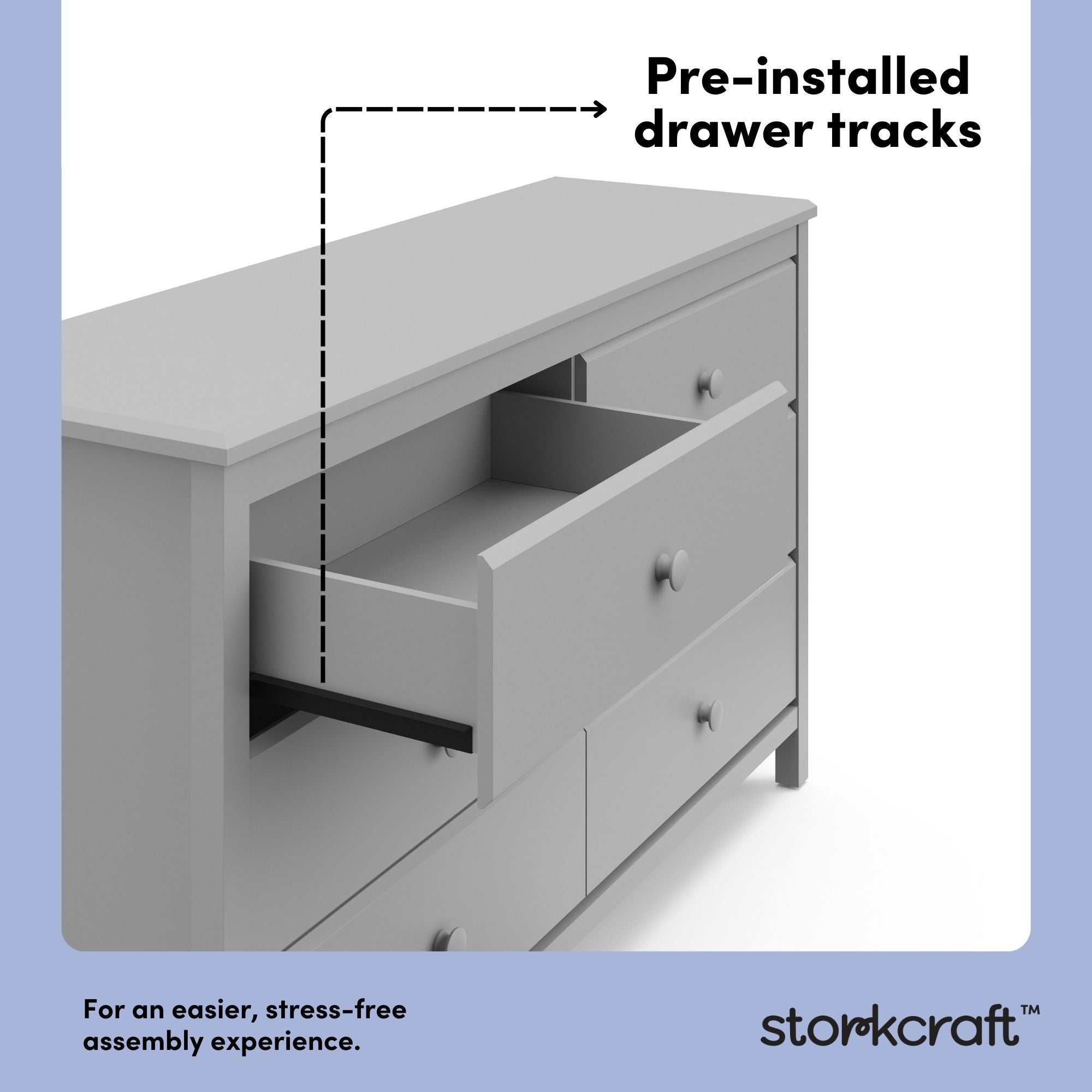 alpine pebble gray 6 drawer dresser pre-installed drawer tracks callout