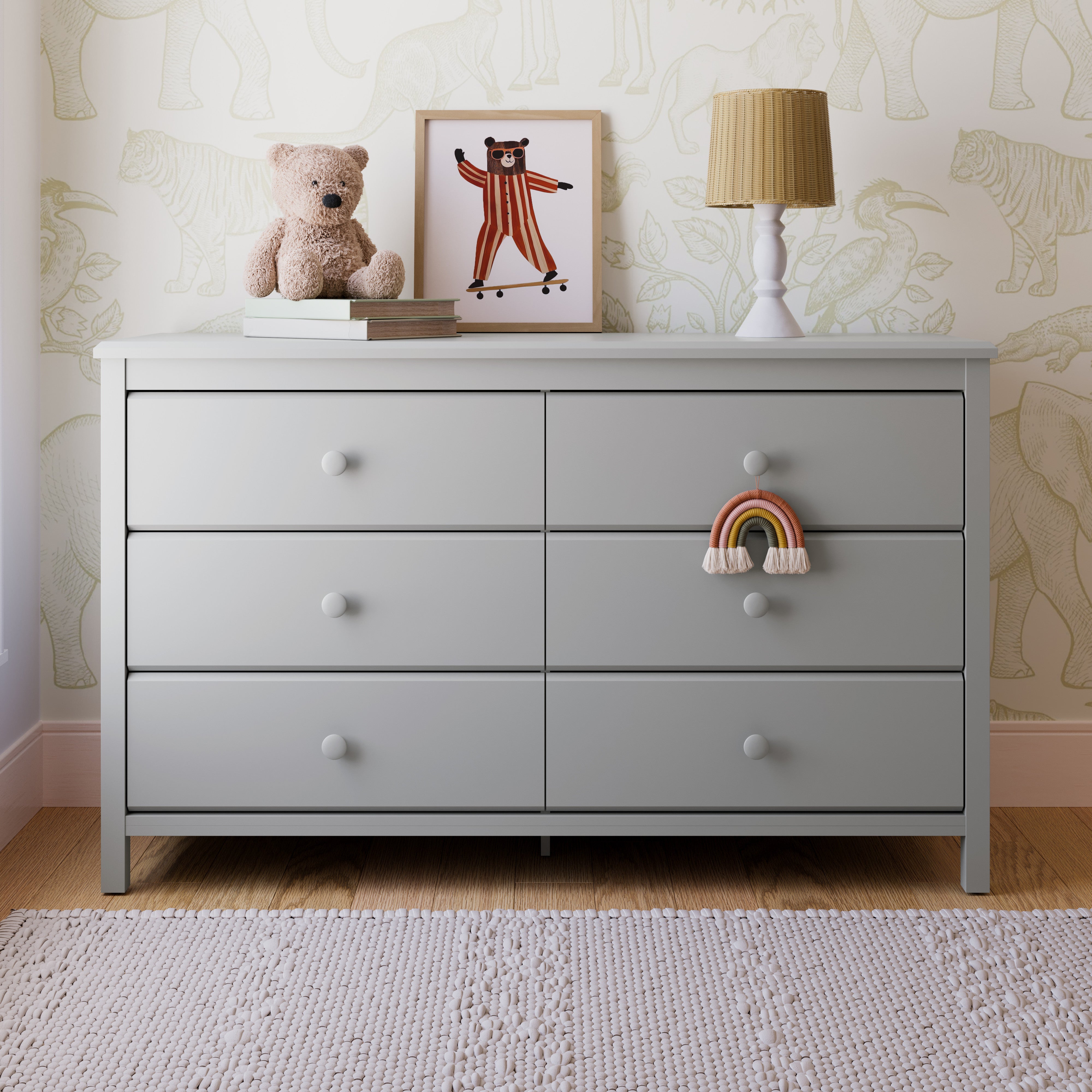 Alpine pebble gray 6 drawer dresser in a nursery