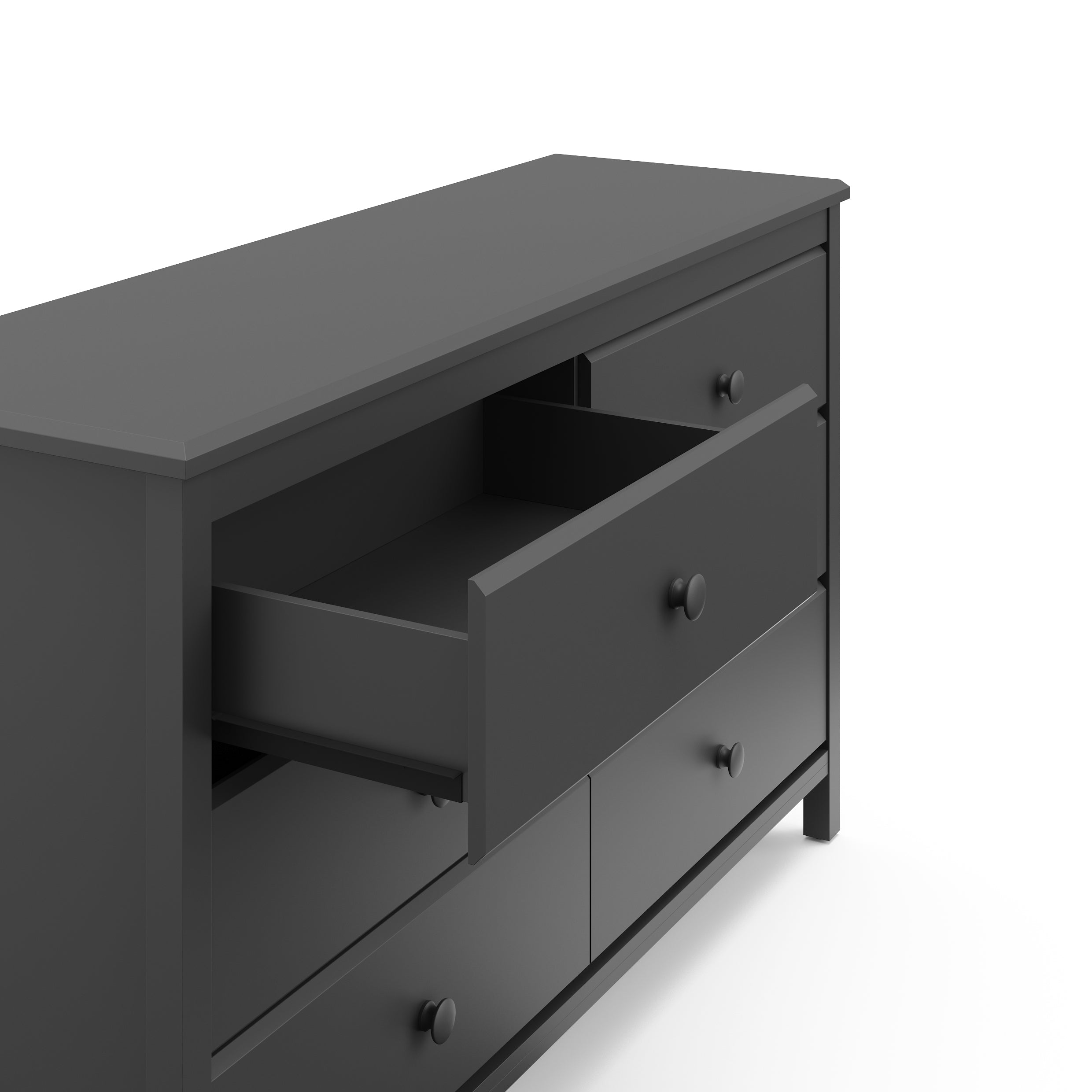 Alpine gray 6 drawer dresser with top left drawer open angle view